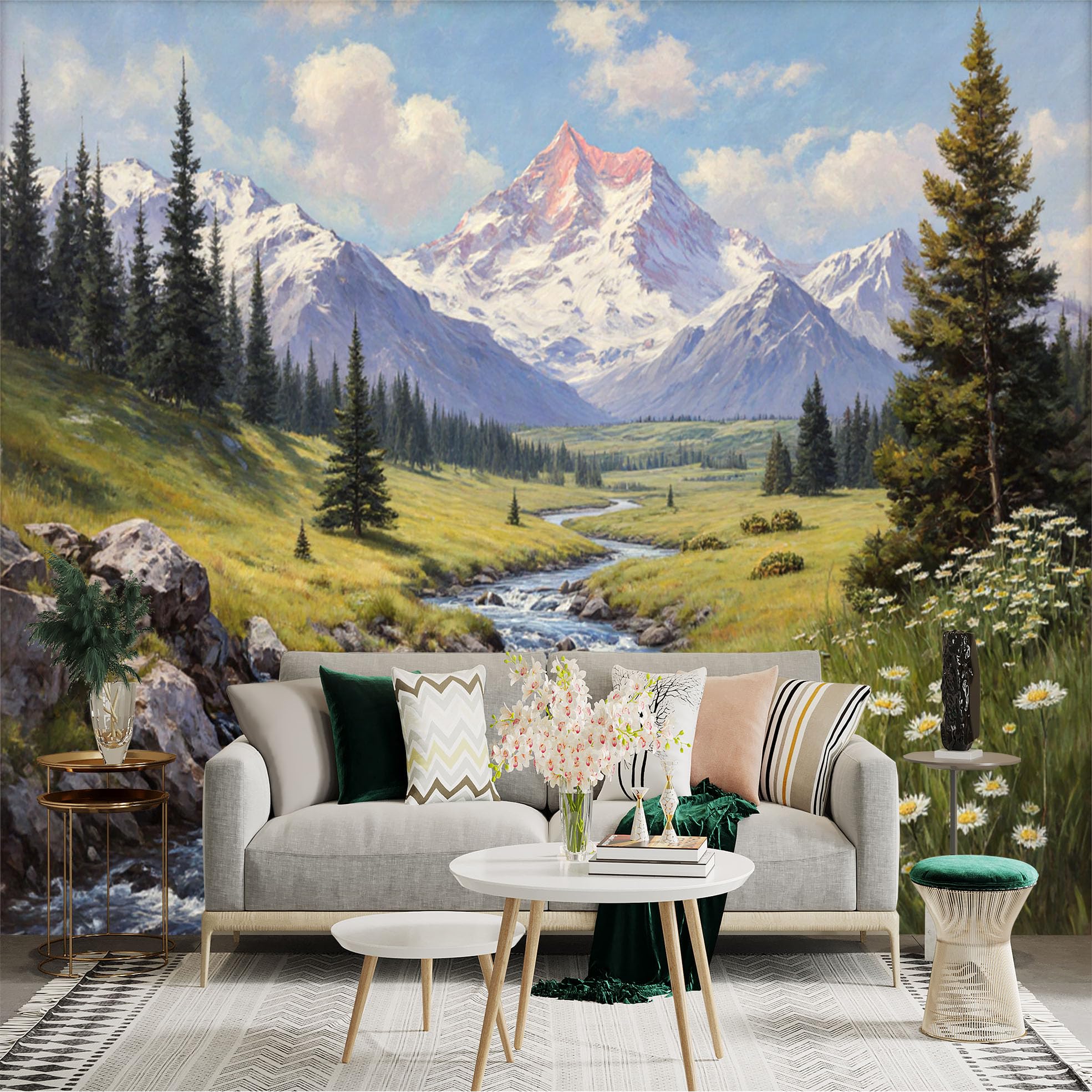 Lnzczhyre Xc260505587 Custom Size Wall Sticker Mural， Snow Capped Mountain Peaks， Flowing Creek Through Meadow， Wildflower Field， Evergreen Forest Scenery， For Wall Decoration， Peelandstick Wall Decals.