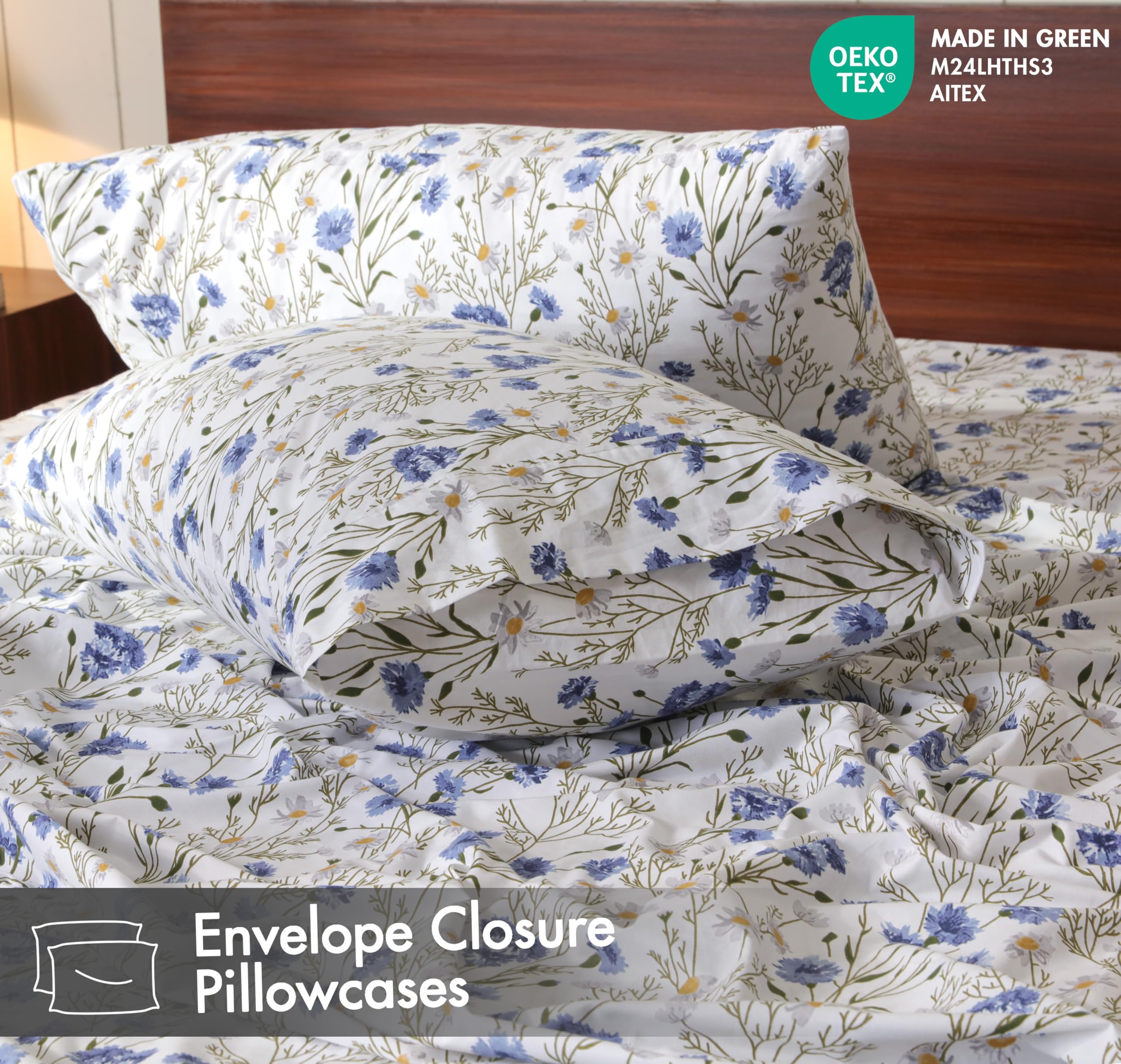 Ruvanti - Set di lenzuola in 100% cotone, per letto king size, 4 pezzi, morbide e traspiranti, tasca profonda 40,6 cm, qualità da hotel, fresche, resistenti, motivo floreale, pisello dolce