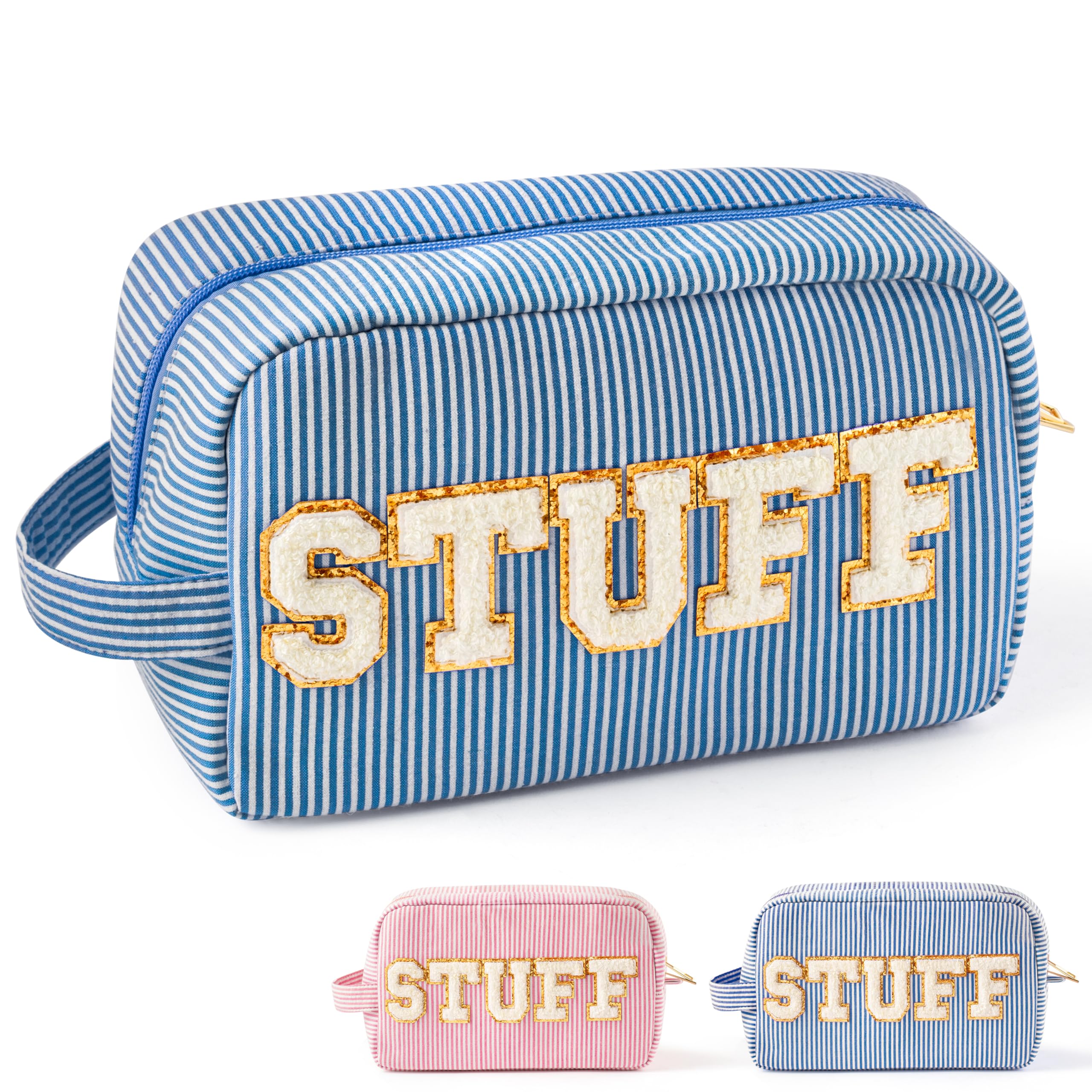 Y1tveiBlue White Striped STUFF Travel Makeup Bag with Side Handle Seersucker Chenille Letter Cosmetic Beauty Pouch Portable Zipper Toiletry Compliant Bag Large Capacity Travel Organizer for Women