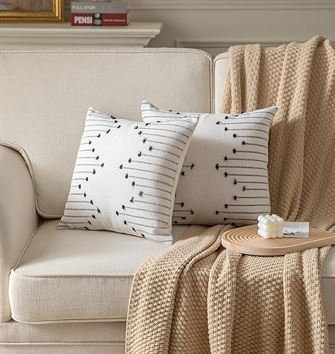 Miniatura 2 de Caflife Juego de 2 fundas de almohada bohemias de 18 x 18 pulgadas, fundas decorativas para cama, fundas de almohada neutras beige con línea negra,