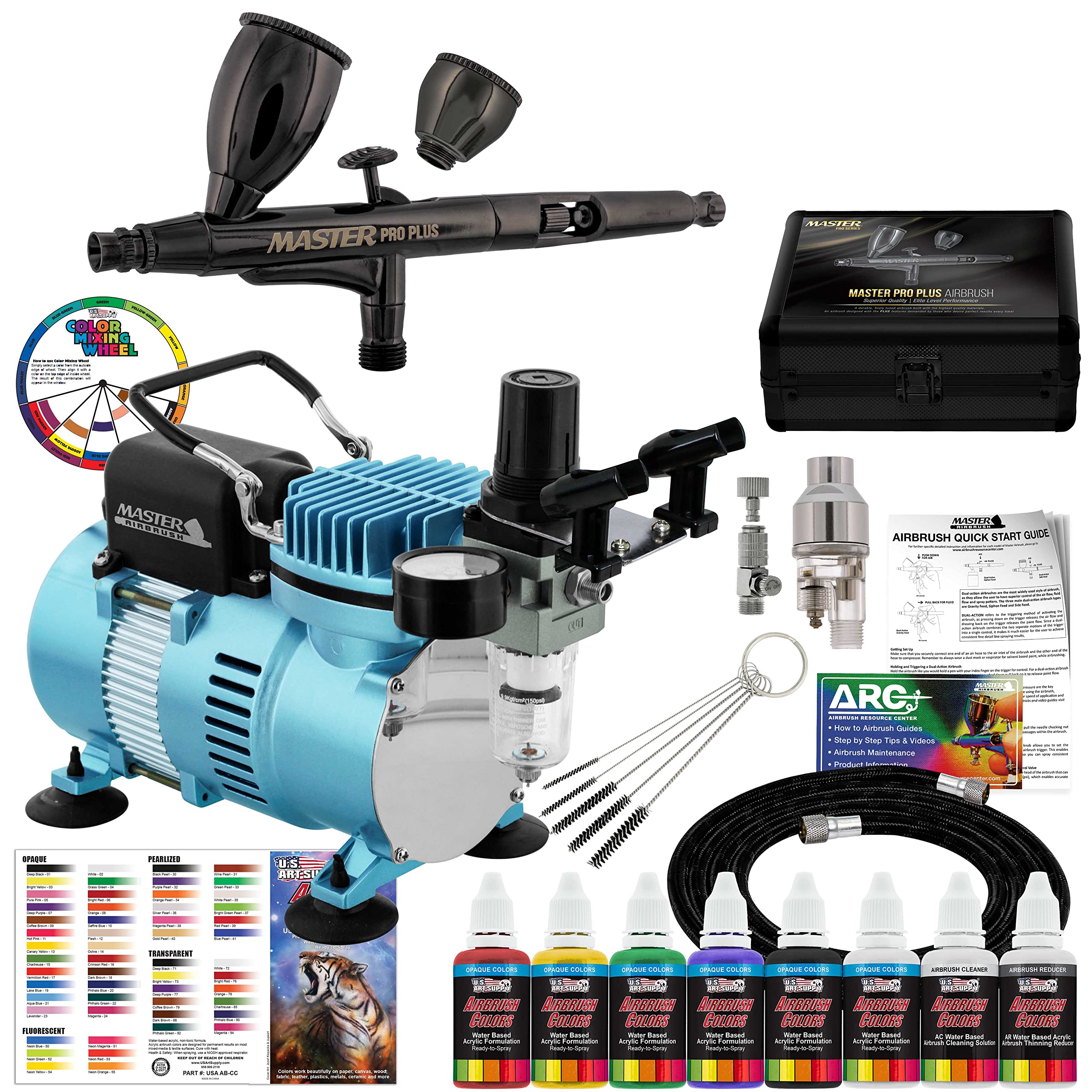Master Airbrush Cool Runner II Dual Fan Air Compressor System Kit with Master Elite Plus Elite Level Performance Airbrush Set, Case, Dual-Action, 0.3mm Tip, 2 Cups, 6 Color Acrylic Paint Artist Set