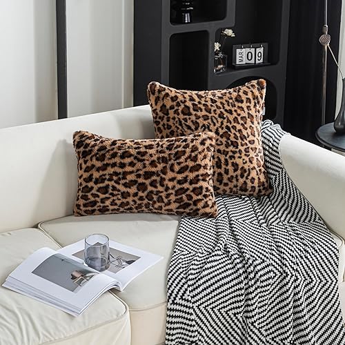 Miniatura 7 de Juego de 2 fundas de almohada de piel sintética con estampado de leopardo, 12 x 20 pulgadas, fundas decorativas de cojín lumbar con estampado de