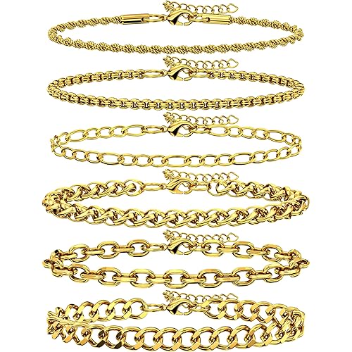 6PCS Stainless Steel Bracelets for Men, Silver Gold Black Sturdy Cuban Link Box Rope Wheat Chain Paperclip Figaro Bracelet for Women Men Jewelry Set