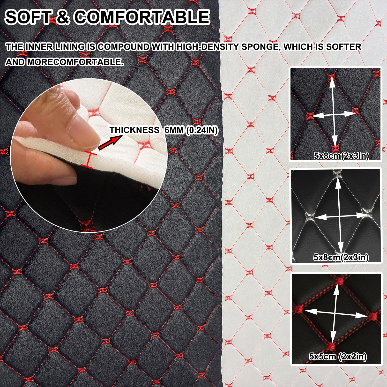 Faux Leather Fabric Quilted Foam Vinyl Fabric Upholstery Thick 6mm Foam Backed for Cars Vehicle Seat Cover Furniture Auto Headliner Repair Headboards DIY Crafts(Size:1.5x1m/59x39in,Color:Red Thread 1) - 3