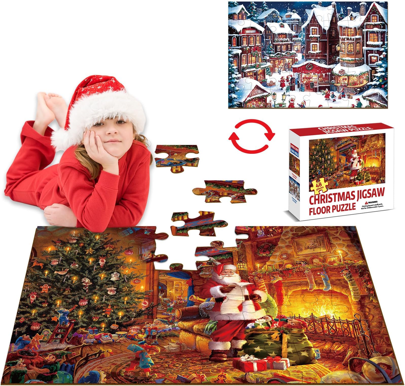 ZOIIWA 35 x 24 inch Christmas Jumbo Floor Puzzle for Kids Double Sided Xmas Santa Large Round Puzzle 48pcs for Toddler 3-8 Year Winter Holiday Snowman Educational Toy Jigsaw Puzzles Gifts for Boy Girl