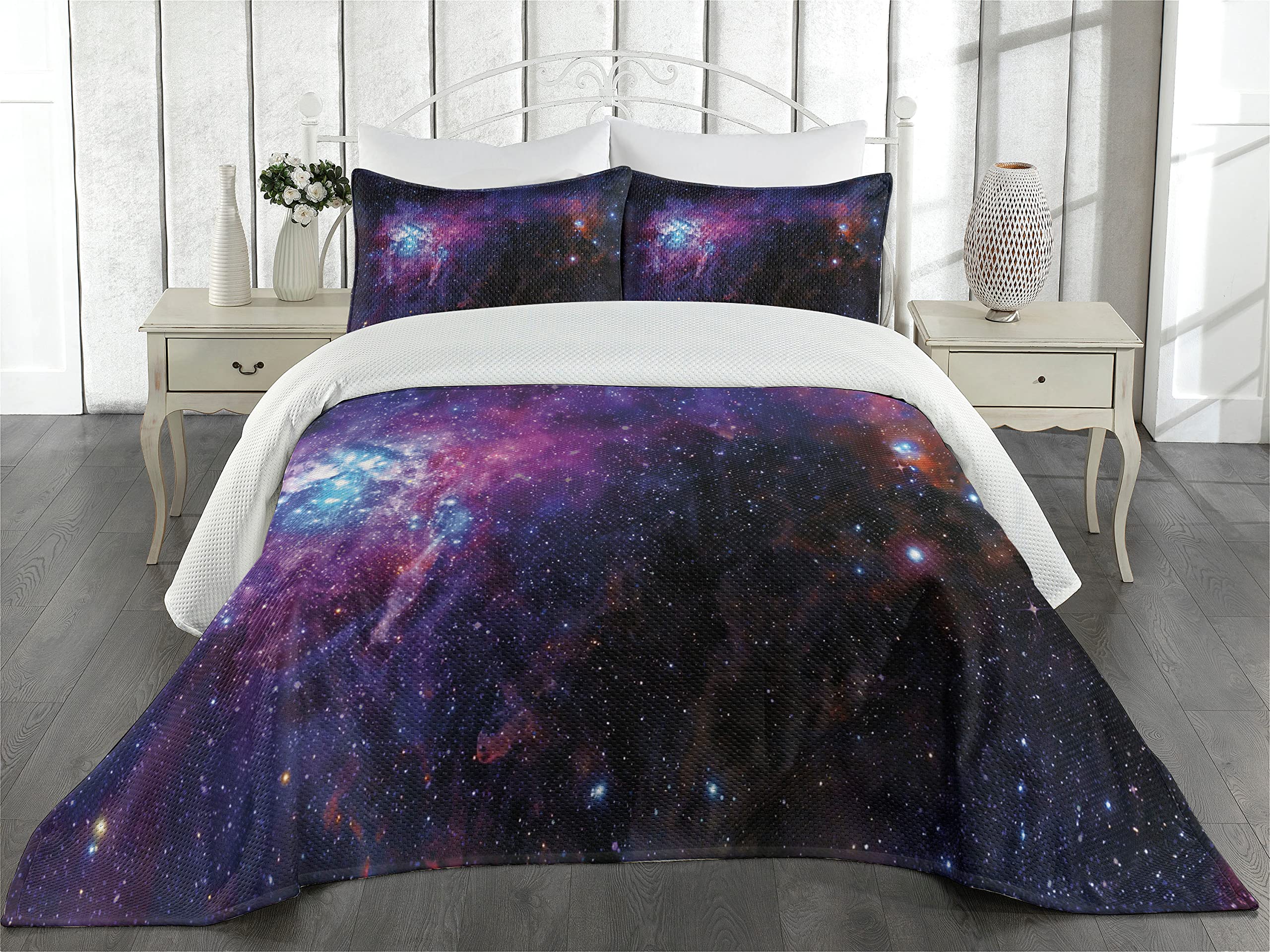 Ambesonne Galaxy Coverlet, Starry Night Nebula Cloud Celestial Theme Image Space Art Elements Print, 2 Piece Decorative Quilted Bedspread Set with 1 Pillow Sham, Twin Size, Purple Black Blue