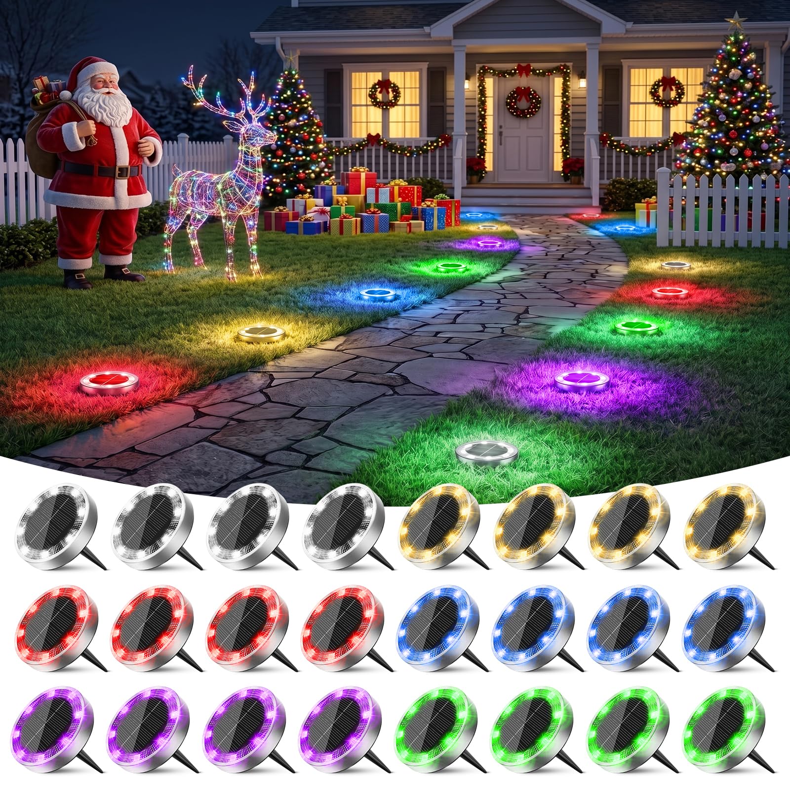 Peasur Solar Ground Lights Outdoor, 24 Pack Flat Solar Powered Disc Lights, IP68 Waterproof, Anti-Rust, Landscape Lighting for Pathway Garden Yard Lawn Walkway Landscape Driveway, 6 Colors