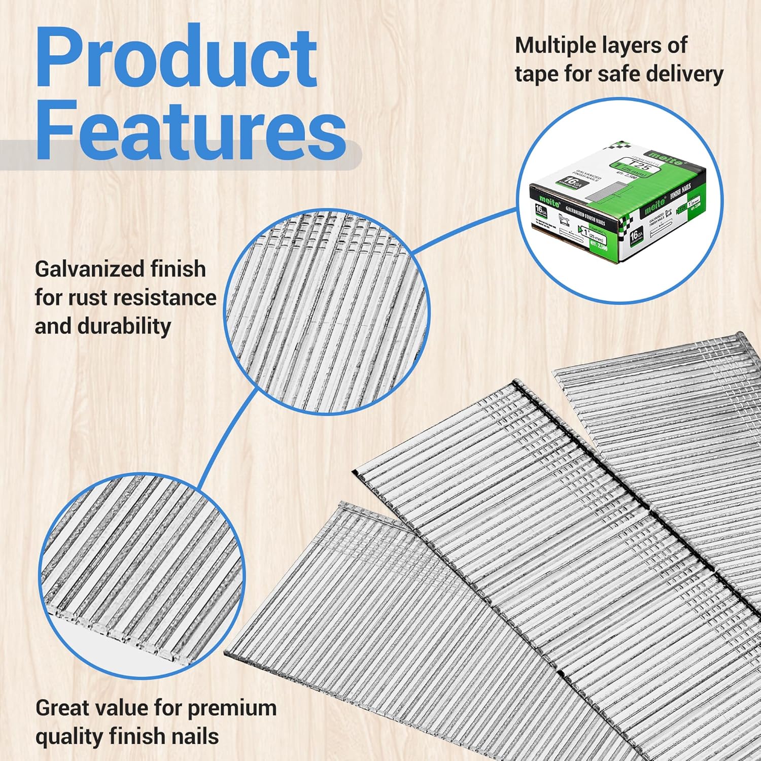 meite 16 Gauge Finish Nails, 1-Inch Galvanized 16GA Finish Nails, Small Straight Finishing Nail, Ideal for Woodworking, Upholstery, and Framing Projects (2,500 Counts) - Image 4