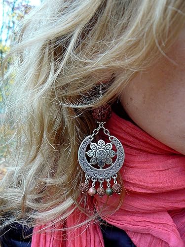 Miniatura 2 de Mandala Earrings with Rudraksha Beads and Unakite Stones - Handmade, Shakti flower, Real 5 Mukhi Rudraksh Seed, Saraswati Festival Jewelry, Hippie