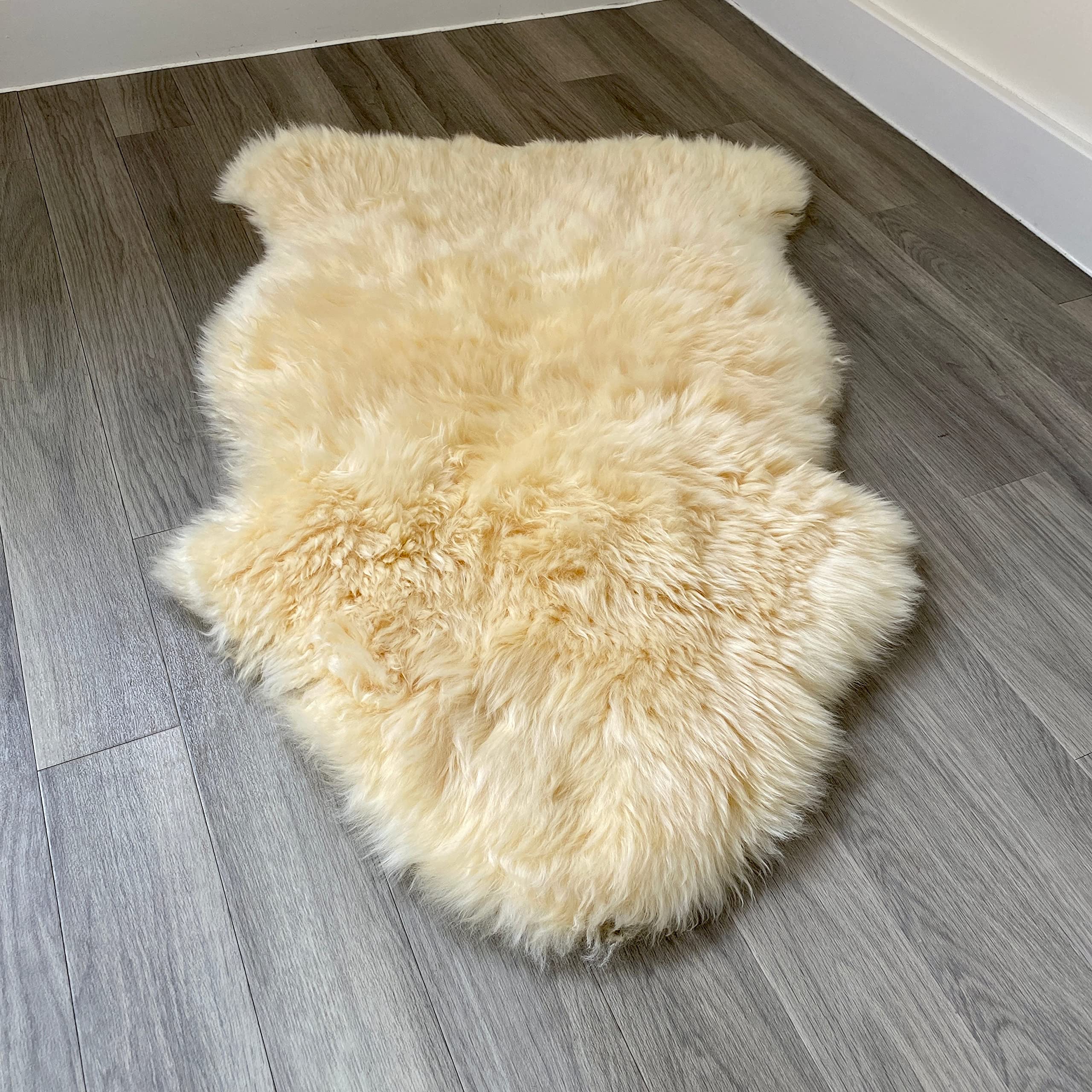 Véritable tapis en peau de mouton colorée | Tapis en peau de mouton extra épais (crème, simple 95 x 60 cm)
