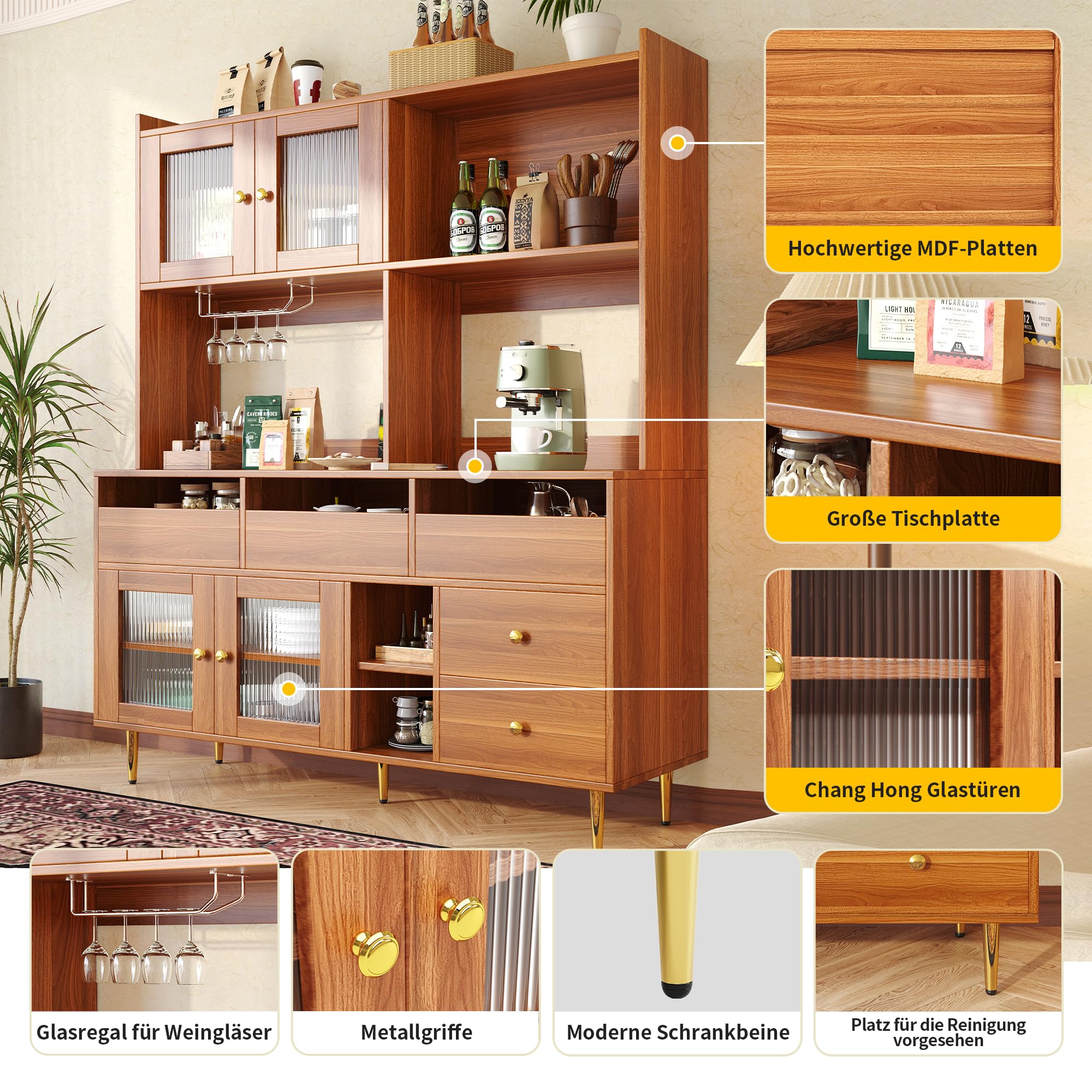 HAINEW Credenza da cucina con porta in vetro e cassetto, moderna armadietto alto a buffet, con spazio aperto per cucina, sala da pranzo e soggiorno (marrone)