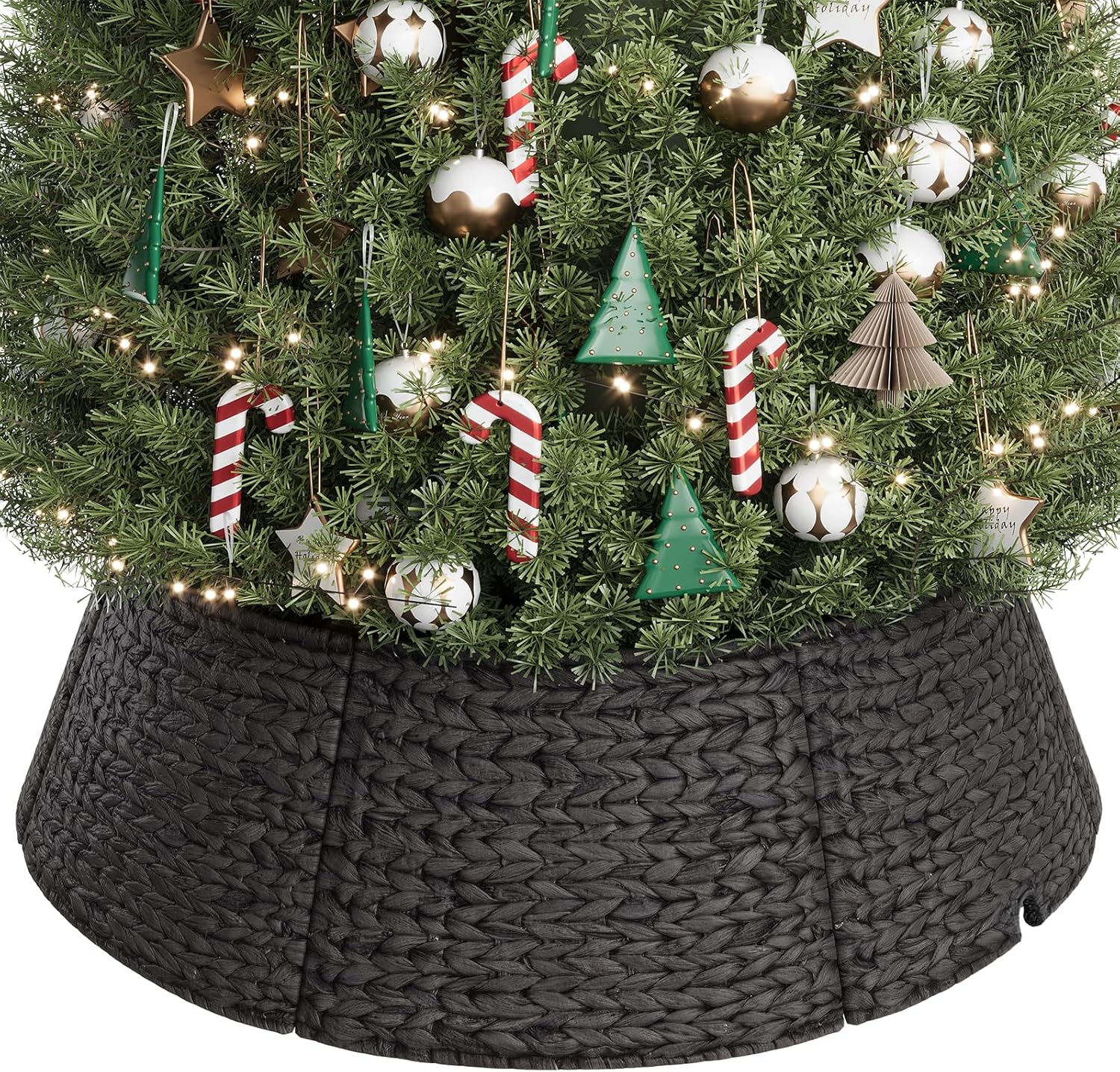 ELYKEN 42-Inch Large Woven Rattan Christmas Tree Collar, Stylish Hyacinth 8-Piece Tree Skirt for Artificial Trees, Wicker Tree Base Cover with Cord Cut-Out for Home Decor, Living Room Display, Black