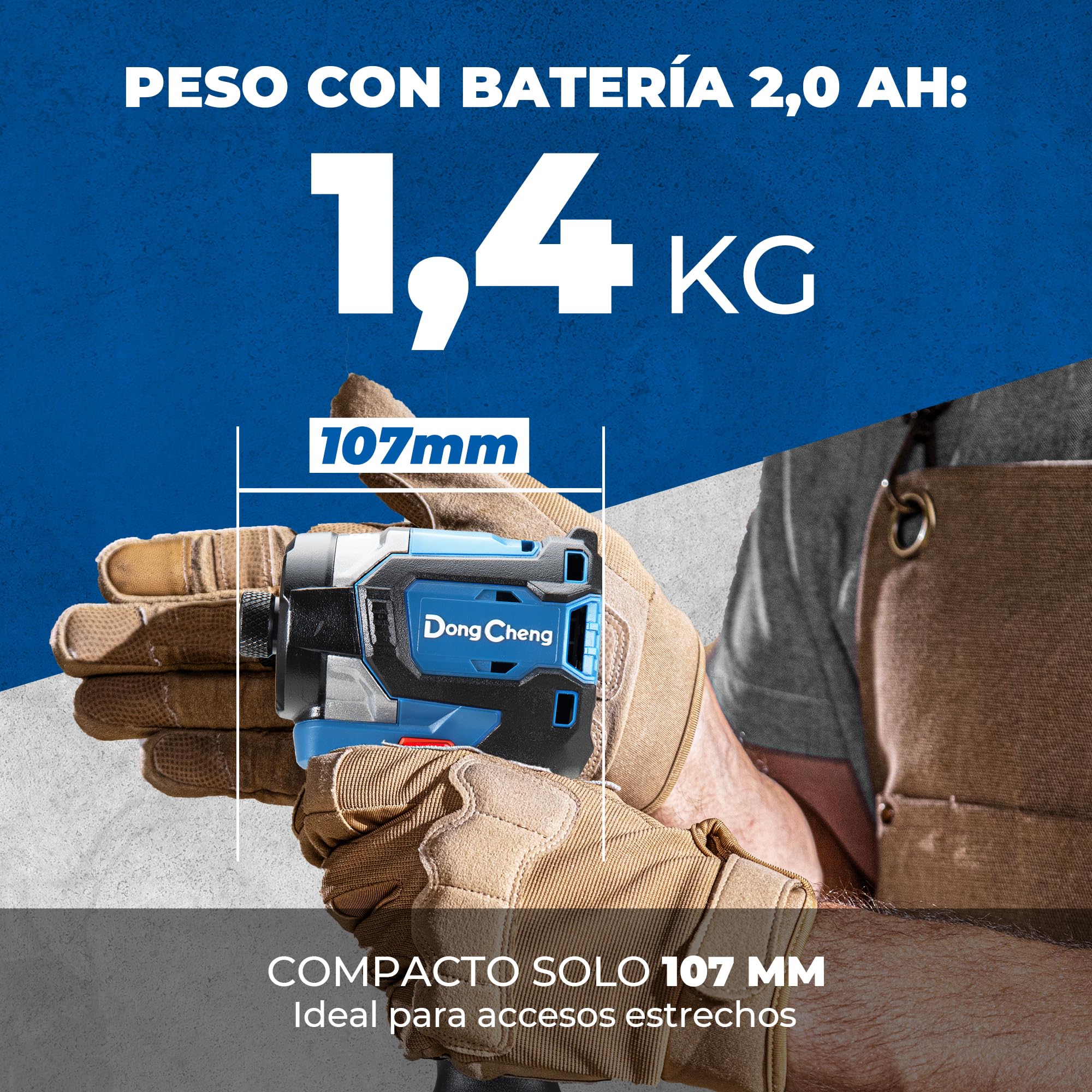 Atornillador de Impacto Dong Cheng 18V sin Escobillas, 208Nm, Modo Autoperforante, 3200 rpm, 4300 ipm, Portabrocas Hex 1/4", 3 Velocidades, con 2 Baterías de 2.0 Ah