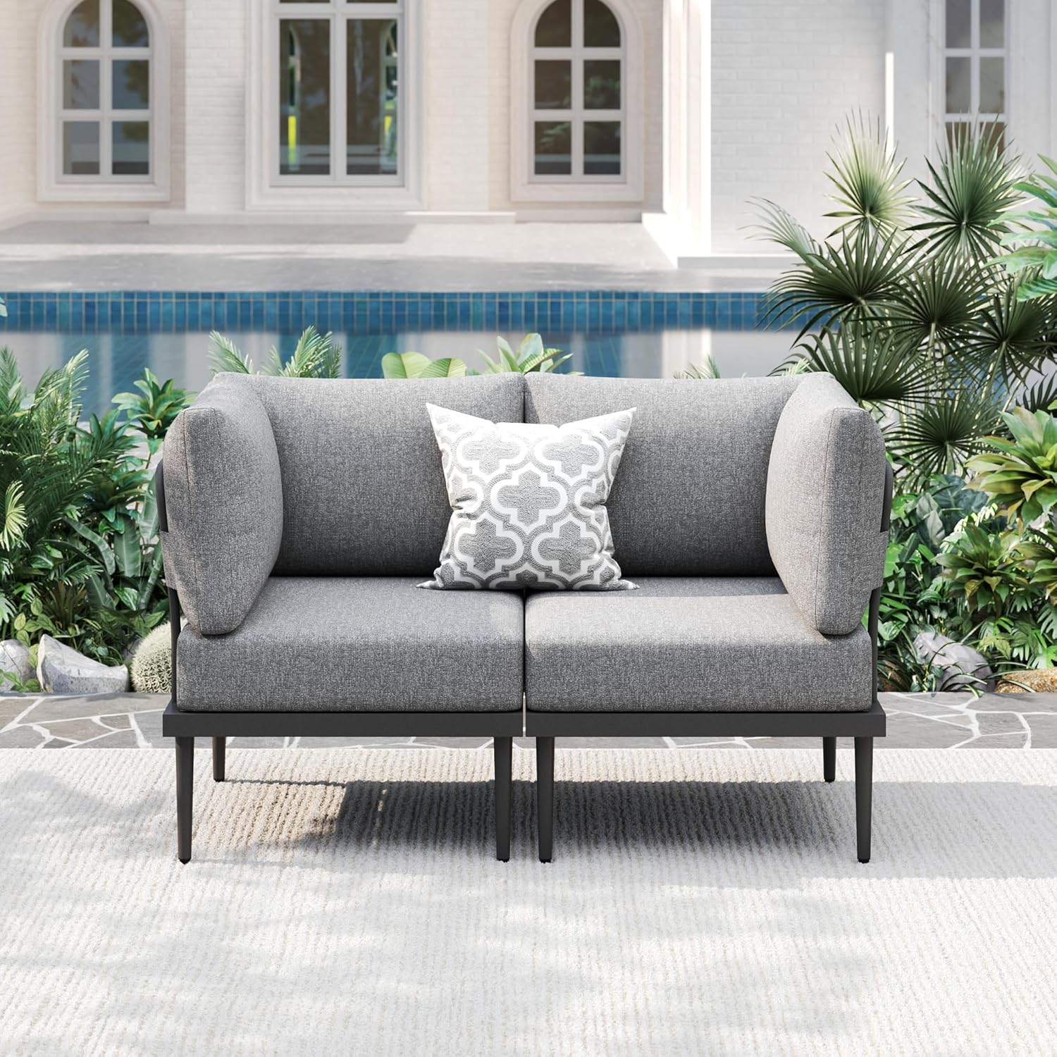 Metal Patio Furniture Set, 2 Pieces Outdoor Sectional Sofa Sets with Coffee Table, 6" Thick Cushion Modular Outdoor Loveseat for Balcony, Patio & Courtyard, Gray