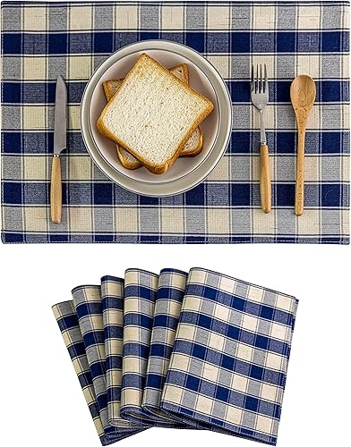Home Brilliant Juego de 6 manteles individuales de granja, lavables a máquina, para mesa de cocina, 13 x 19 pulgadas, cuadros a cuadros, color azul