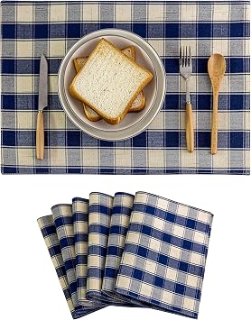 Home Brilliant Farmhouse Placemats Set of 6 Machine Washable Place Mats for Kitchen Table Mats, 13 x 19 inches, Checker Plaid, Navy Blue