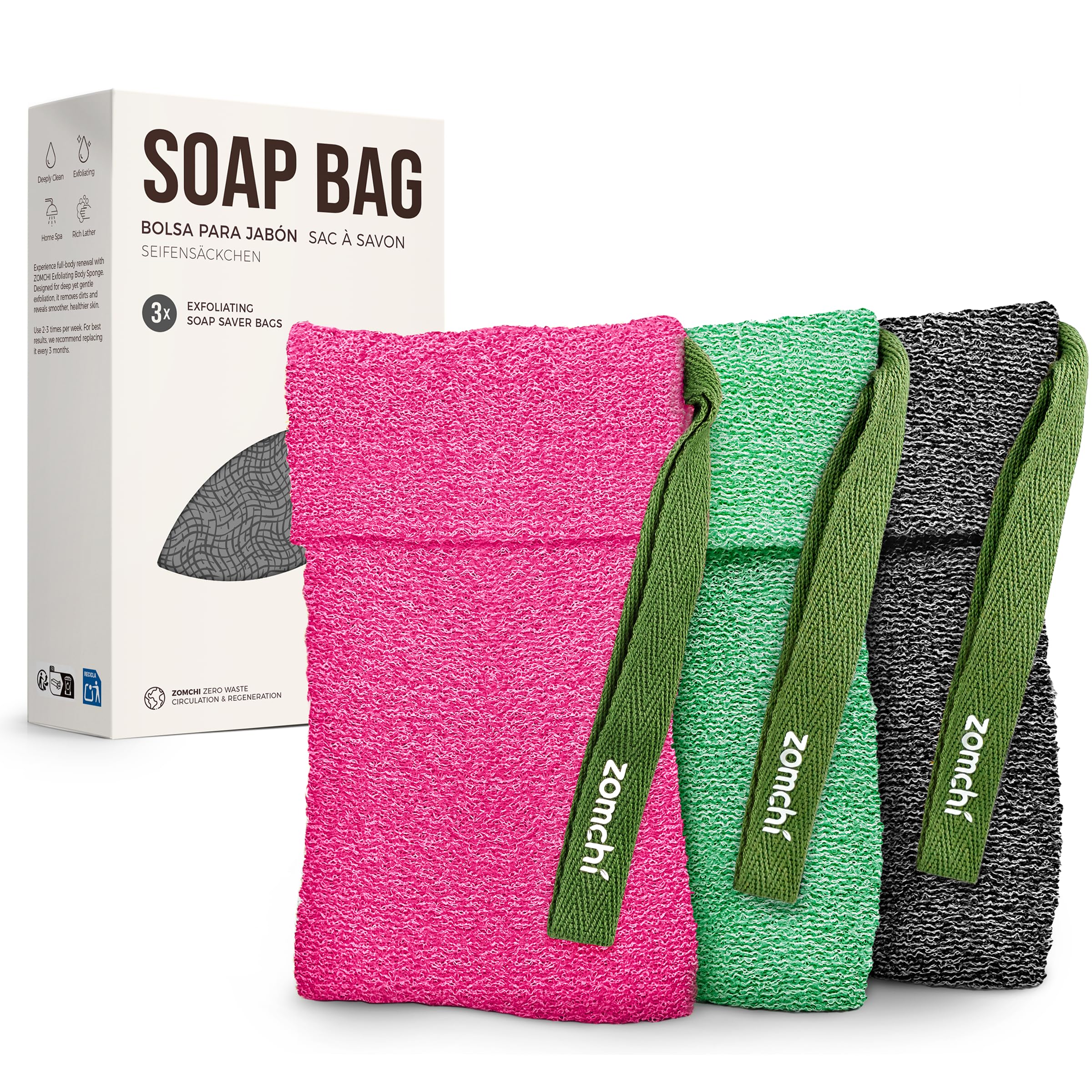 ZOMCHI Lot de 3 Sacs à Savon Exfoliants, éponge Exfoliante pour Le Corps, Porte-Savons pour Savons Solides, Pochettes pour Exfoliation en Profondeur