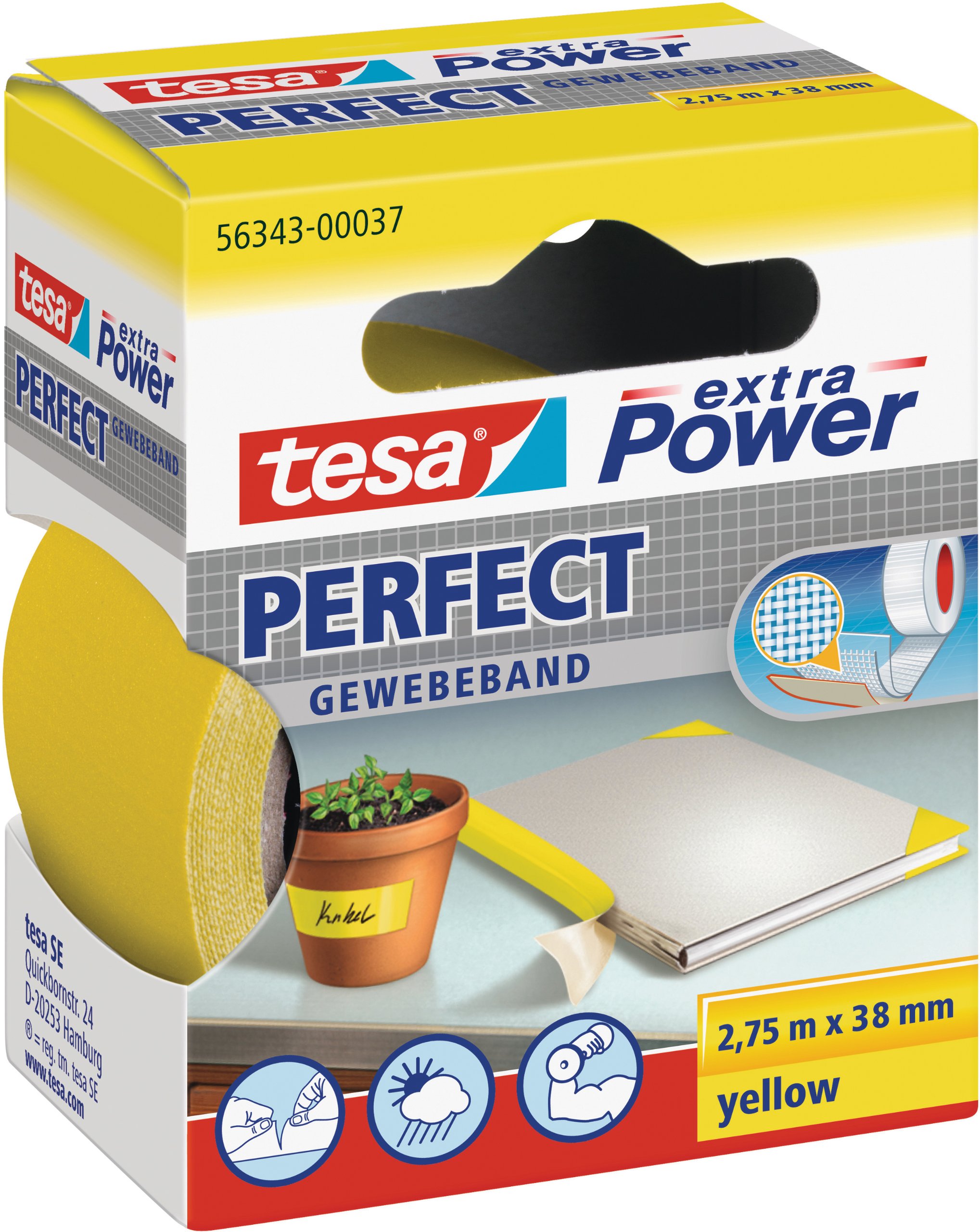 tesa UK Ltd tesa 56343 Extra Power Multi Purpose Cloth Tape, Yellow 38mm x 2.75m