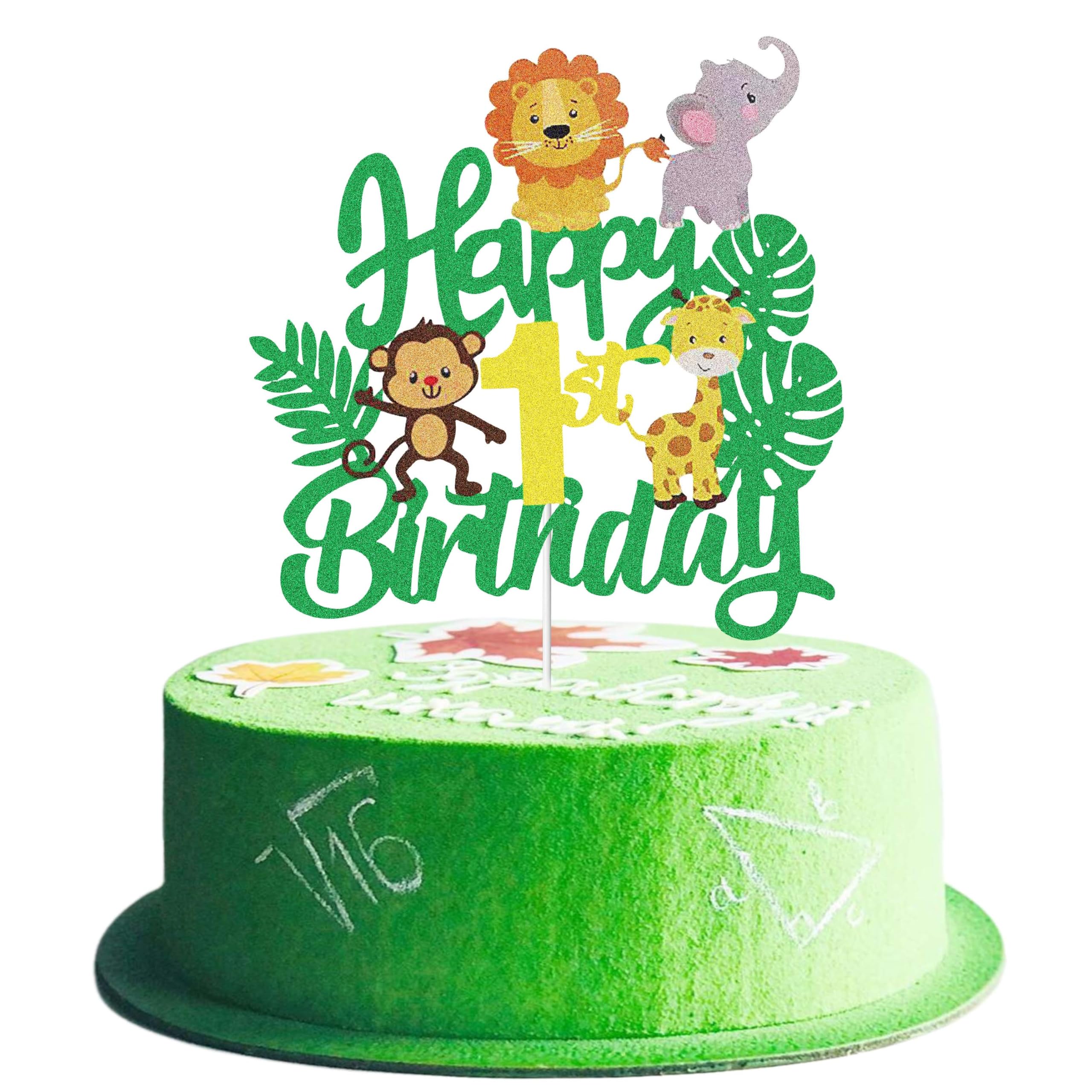 Joyeah Happy 1st Birthday Jungle Animal Cake Topper Jungle Animals Cake Decoration Wild One Forest Theme Lion Elephant Monkey Cake Topper for Birthday Party Decorations Supply
