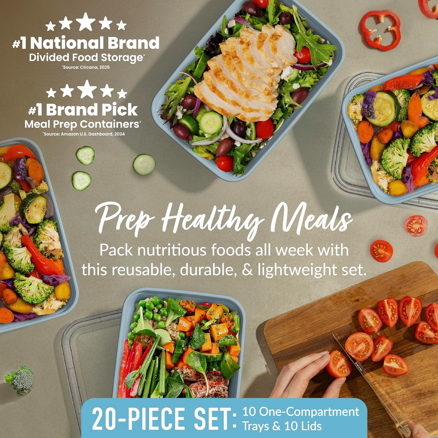 Bentgo Prep Meal Prep Containers with Lids, 20 Piece, PFAS & BPA-Free | 4-Cup Capacity, Portion Control, Stackable, Microwave, Freezer & Dishwasher-Safe, Reusable (Sky)