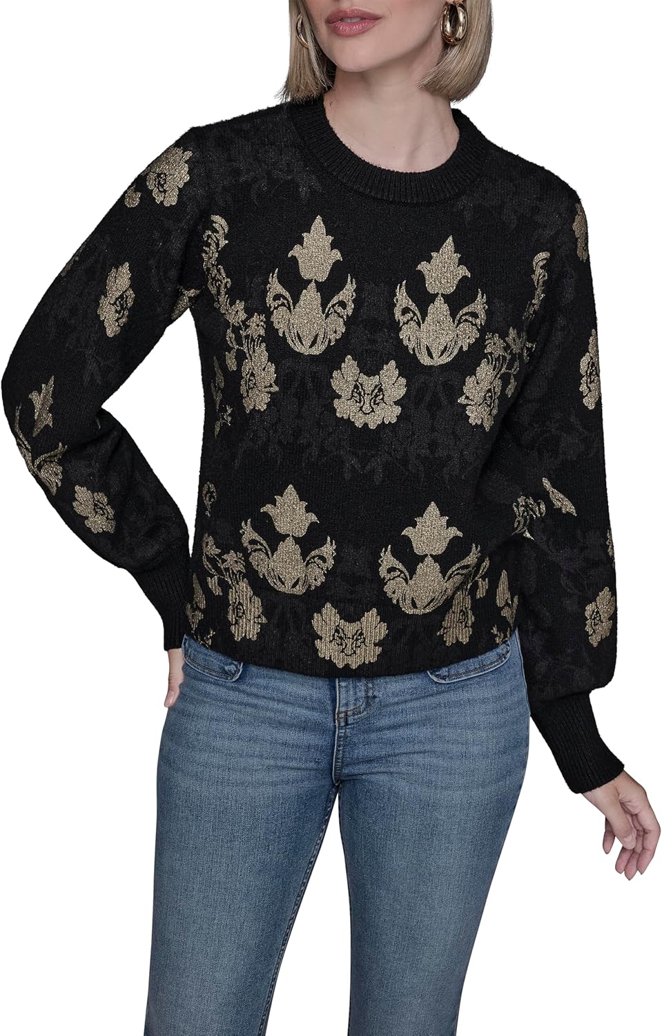 Karl Lagerfeld Women's Long Sleeve Crewneck Patterned Essential Sweater