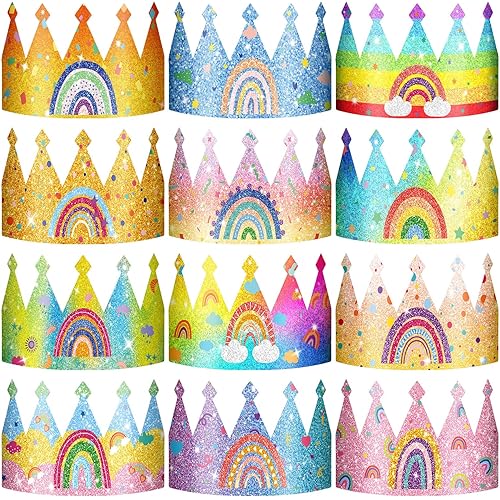 Sinmoe 32 Pcs Rainbow Birthday Party Crown for Kids Birthday Party Hats Rainbow Glitter Decorations Paper Crowns Headband for Girls Birthday, Rainbow Party Supplies, Classroom Activities,12 Styles