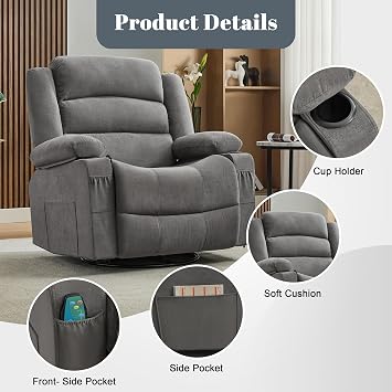 Rocker Recliner Chair with Heat and Massage, 360 Swivel Nursery Rocking Chairs for Adults, Oversized Recliner Single Sofa Seat with Cup Holders, Lazy Boy Recliner Single Sofa (Manual, Grey)
