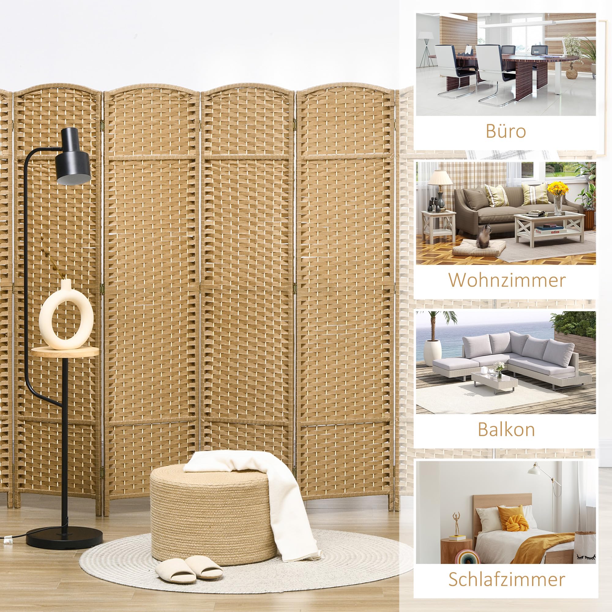 HOMCOM Paravent 8-teilig Raumteiler Faltbar Sichtschutz 320x170 cm Natur | Trennwand aus Kiefernholz, Raumtrenner, Stellwand, für Schlafzimmer Wohnzimmer