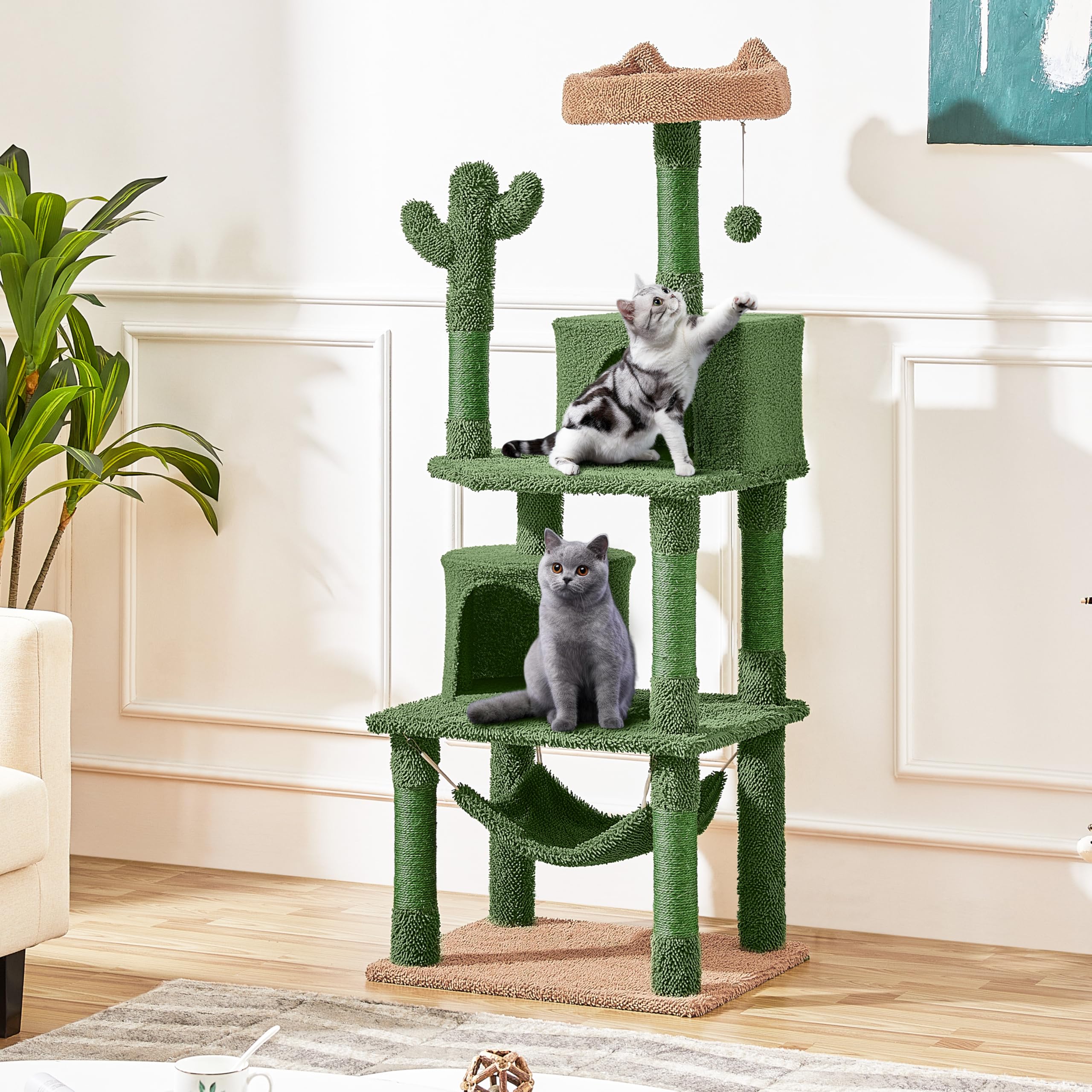 Yaheetech Cactus Cat Tree for Indoor Cats, 62in Cat Tower with Scratching Posts, Hammock & Dangling Ball, Multi-Level Condo Activity Center Furniture