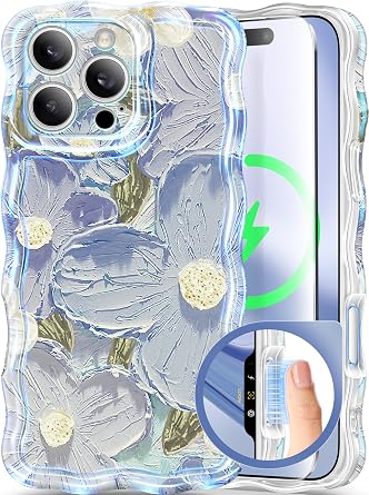 GVIEWIN for iPhone 16 Pro Max Case with Camera Control Button, [Compatible with MagSafe][Curly Wave Edge][Full Camera Protection] Oil Painted Flower Shockproof Phone Case,Trigonotis Flower