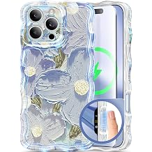 GVIEWIN for iPhone 16 Pro Max Case with Camera Control Button, [Compatible with MagSafe][Curly Wave Edge][Full Camera Protection] Oil Painted Flower Shockproof Phone Case,Trigonotis Flower