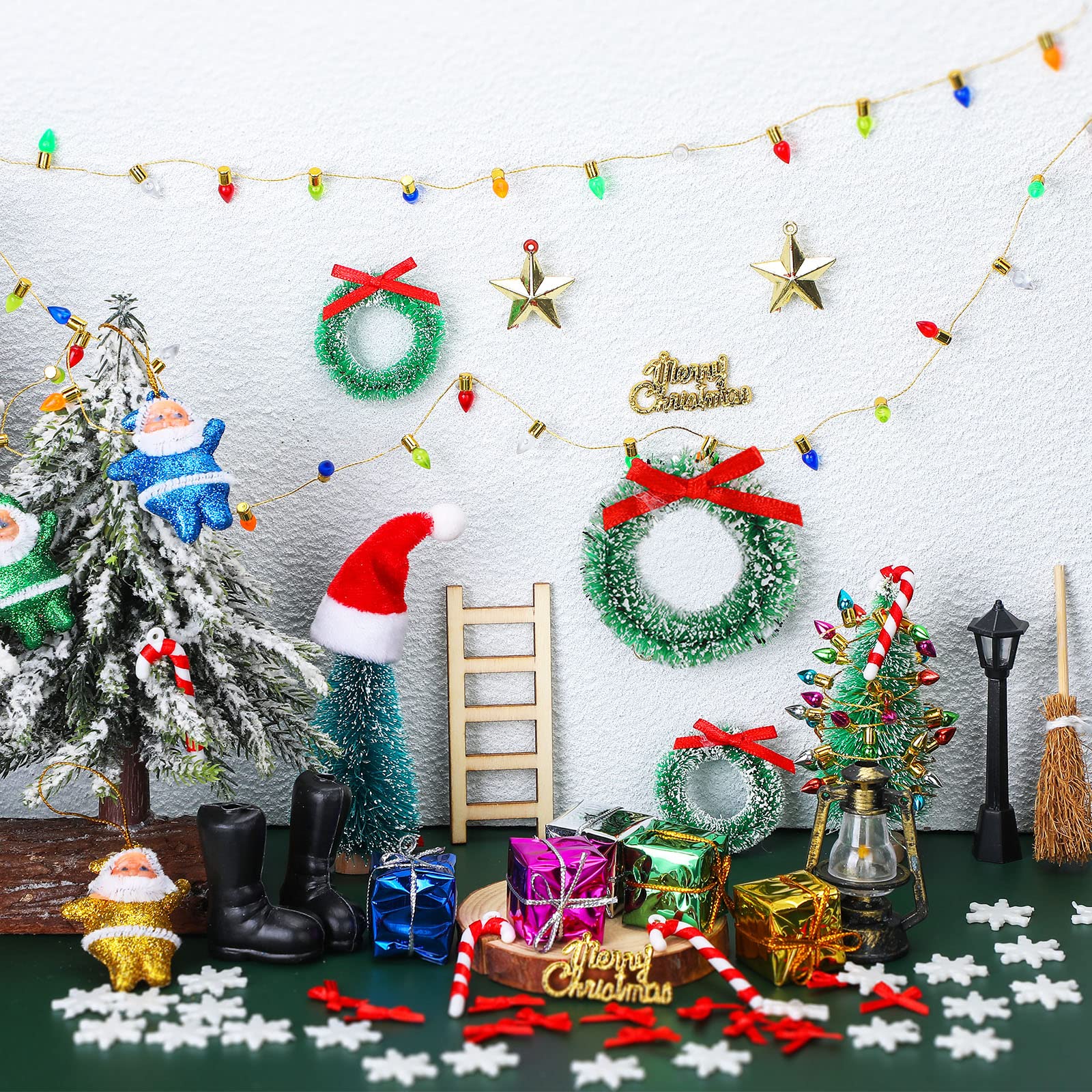 39 Pcs Christmas Miniature Dollhouse Accessories Tiny House Decoration Kit Mini Wreath Fake String Light Mini Pine Tree Christmas Tree Wreath Miniature Scene Fairy Toys DIY for Doll Accessories