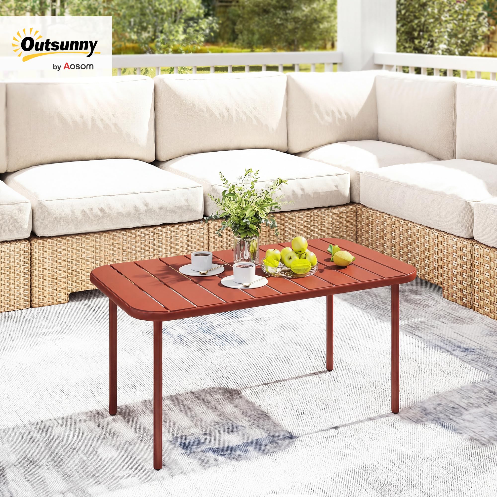 Outsunny - Mesa de centro de jardín de acero galvanizado con bandeja de láminas, mesa auxiliar de patio rectangular con esquinas redondeadas, para exterior, terraza y balcón, 90 x 50 x 43 cm, color