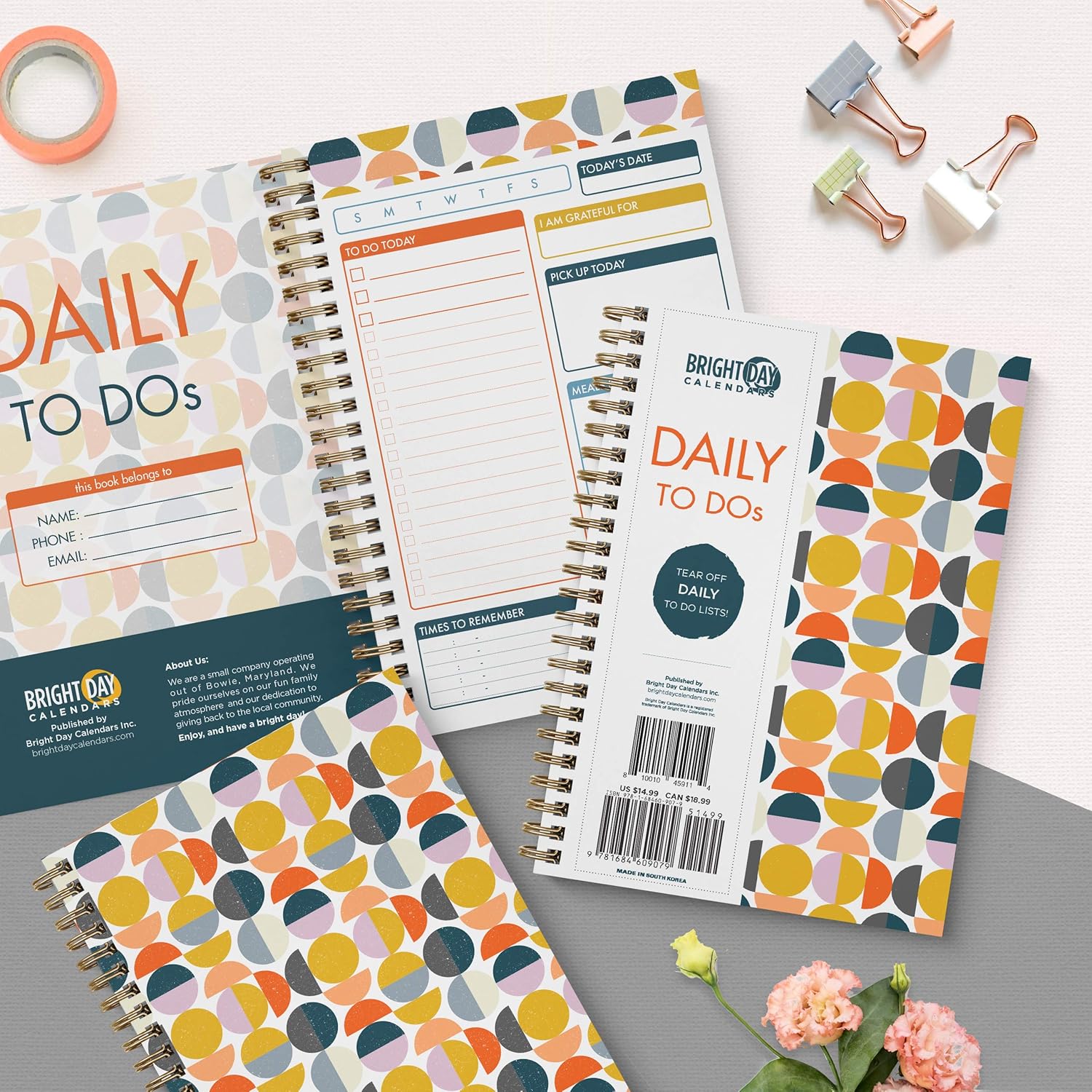to Do List Daily Task Checklist Planner Time Management Notebook by Bright Day Non Dated Flex Cover Spiral Organizer 8.25 x 6.25 (Floral) : Office Products