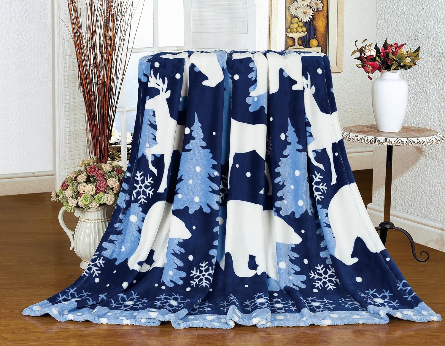 CaliTime Super Soft Throw Blanket for Bed Sofa Couch, Cozy Warm Flannel Fleece White Polar Bear Christmas Reindeer, Navy Blue, Full
