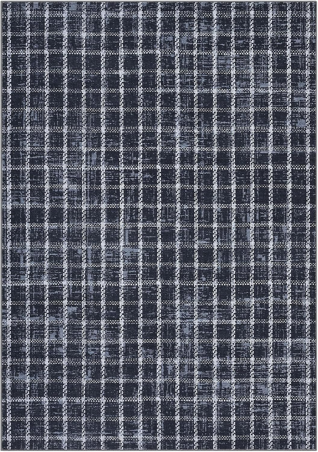 Washable 3x5 Area Rug, Non Slip Low Pile Geometric Checkered Print Living Room Bedroom Rugs Small Soft Stain Resistant Entryway Mat, Blue