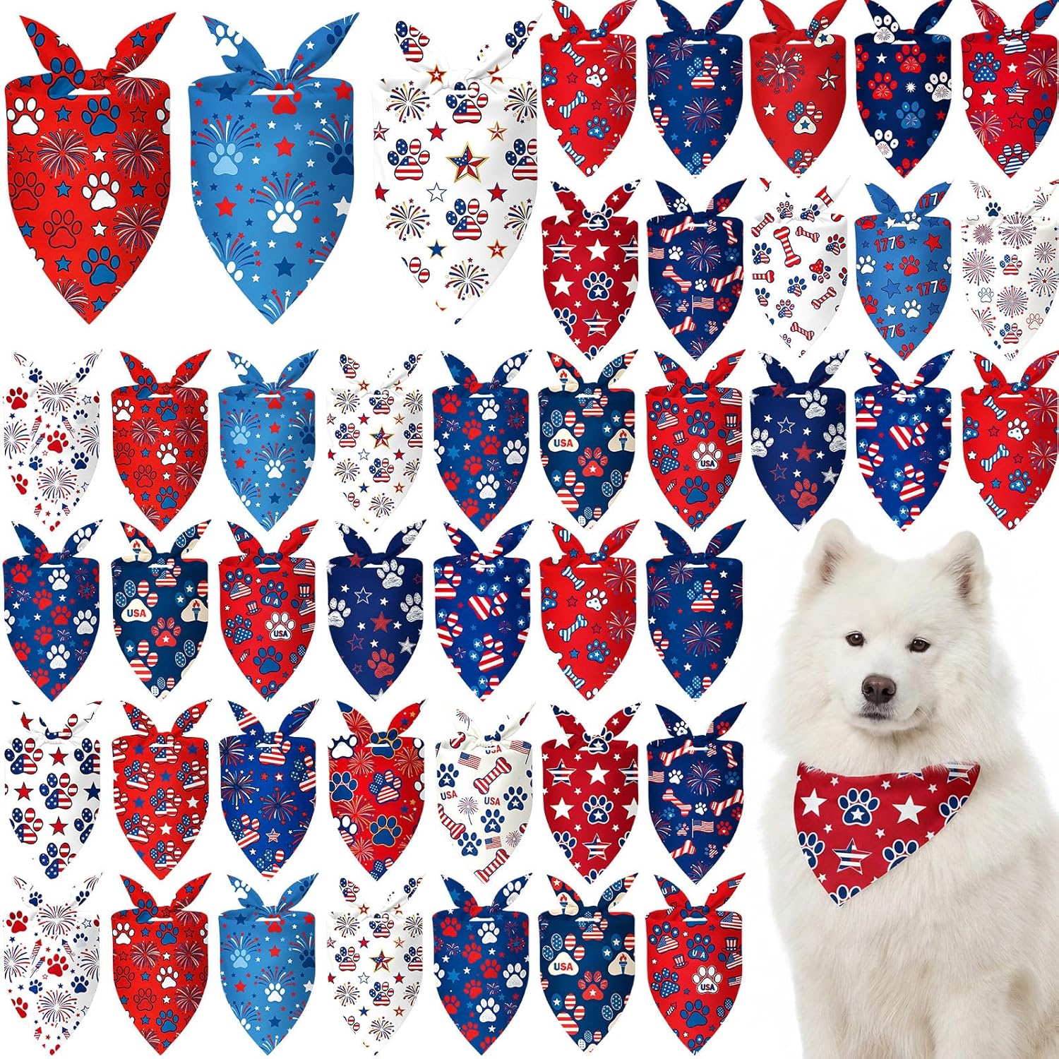 50 Pcs Patriotic Paw Print Dog Bandanas Bulk 4th of July Bandanas for Dogs Triangle Kerchief Bib Scarf for Pet Independence Day 250th Anniversary Party Costume, 25 Styles (31.5 x 21.7 x 21.7)
