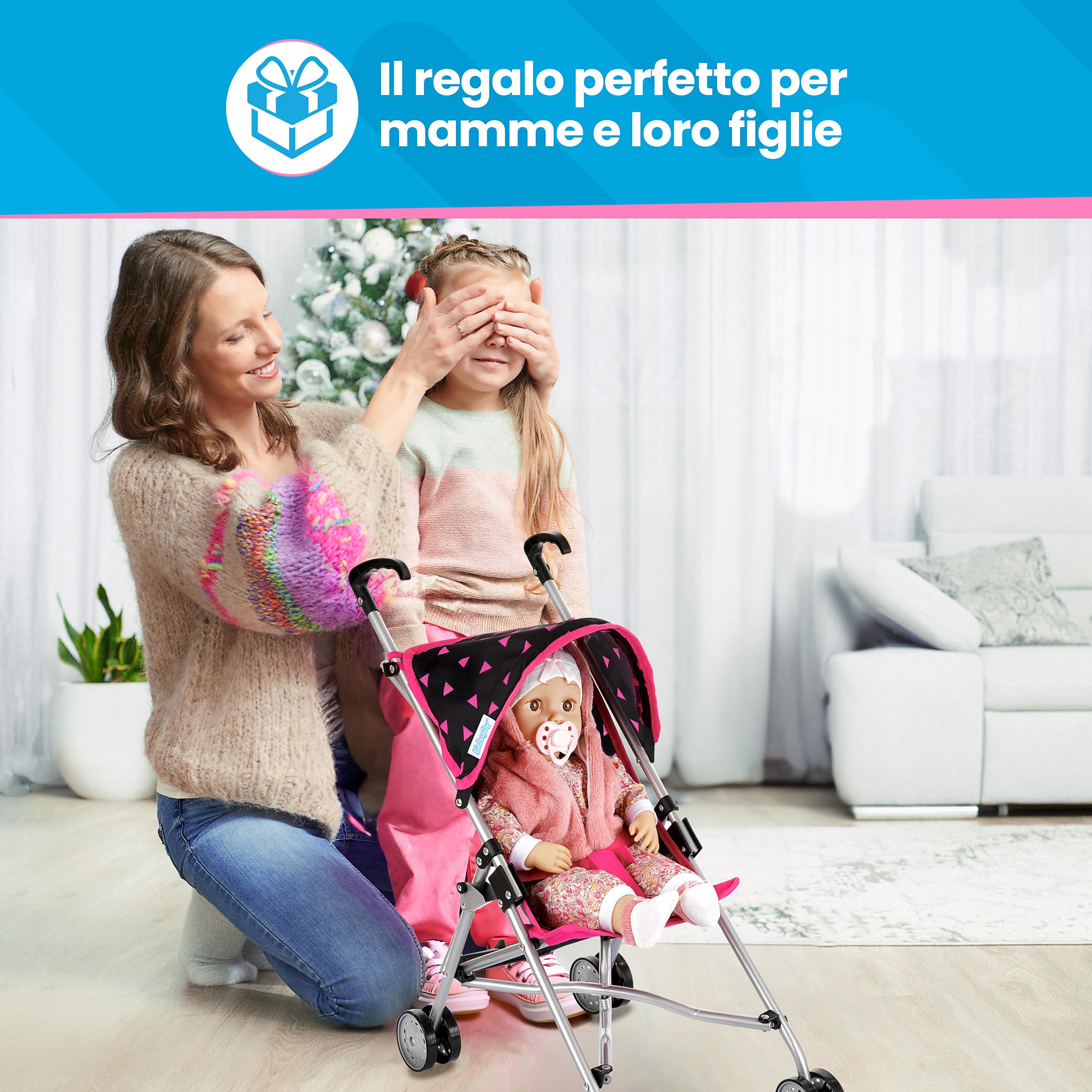 Kinderplay Passeggino per Bambole in Alluminio – Manico 54 cm, Leggero e Pieghevole – Per Bambini 2+ – Ruote Doppie Silenziose e Cintura di Sicurezza