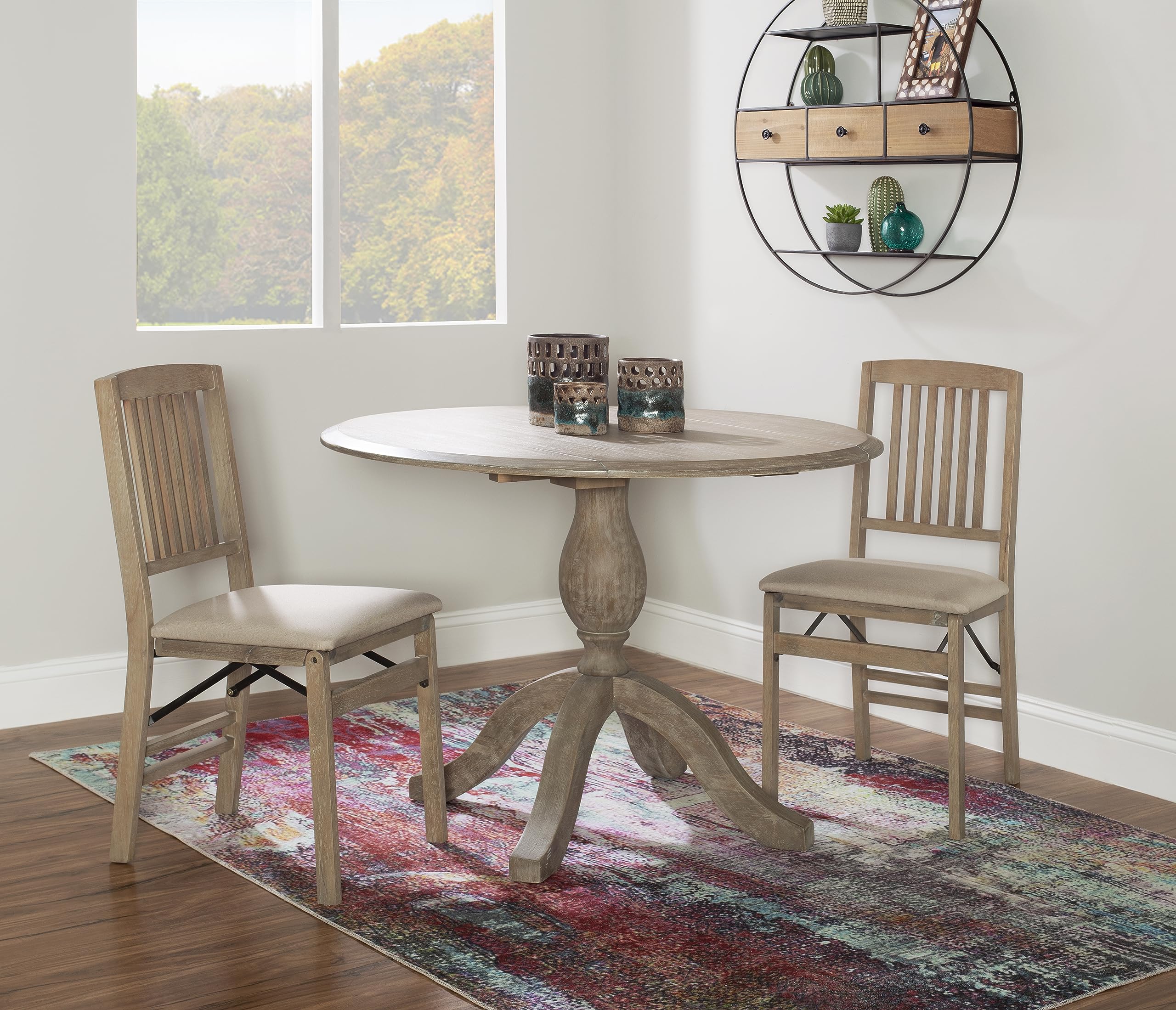 Linon Keira Natural Rustic Wooden Folding Chair with Beige Upholstered Seat and Mission Back Set of 2