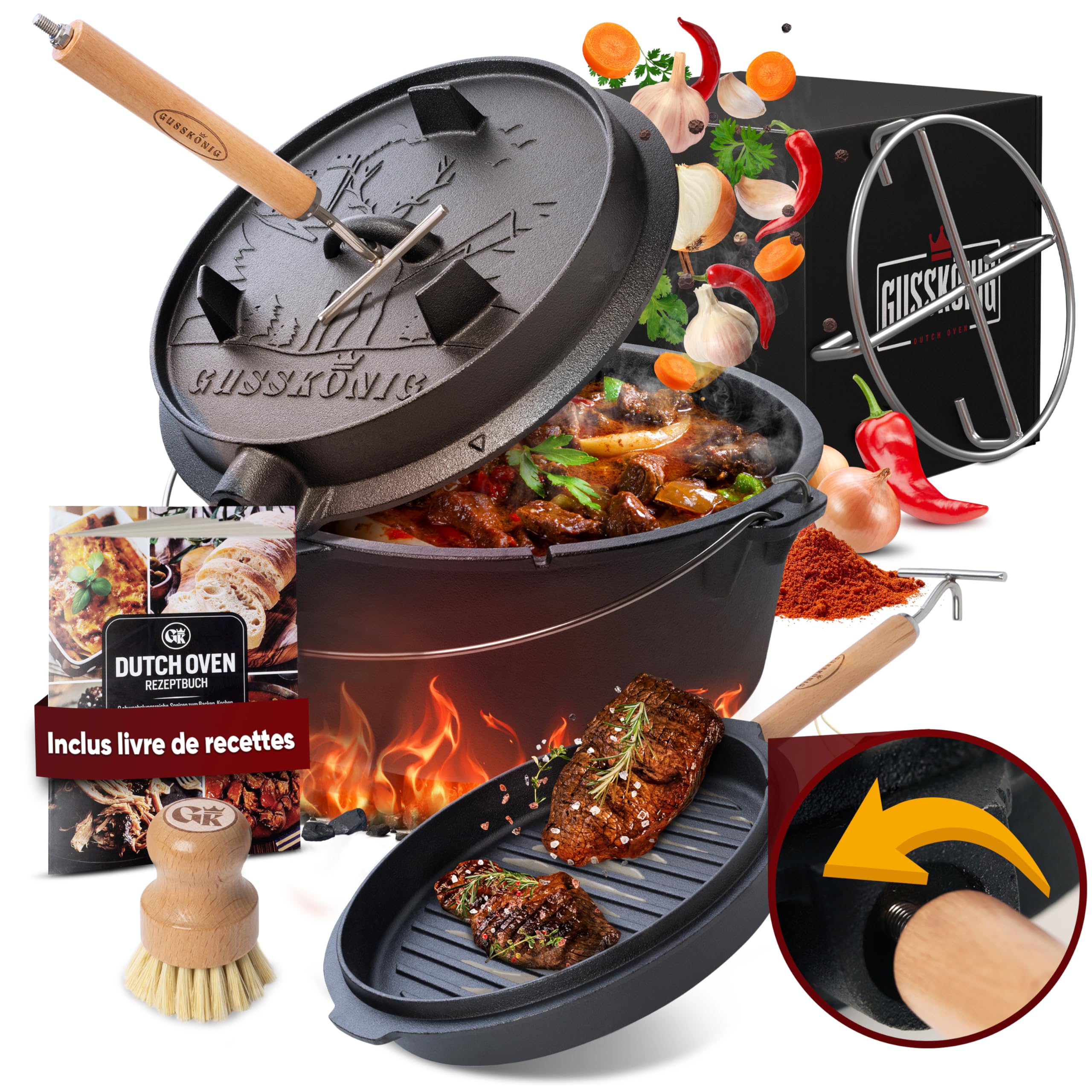 GUSSKÖNIG de four hollandais Ensemble- Dutch Oven de 12 Litres déjà culotté - Feuertopf en fonte sans pieds - Cocotte multifonction -avec lève-couvercle 2 en 1, brosse et livre de recettes Dutch Oven