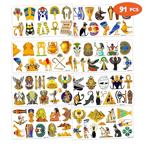 Miniatura 4 de 91 piezas de tatuajes temporales egipcios del antiguo Egipto, decoración de fiesta de cumpleaños, suministros de decoración, faraón, esfinge,