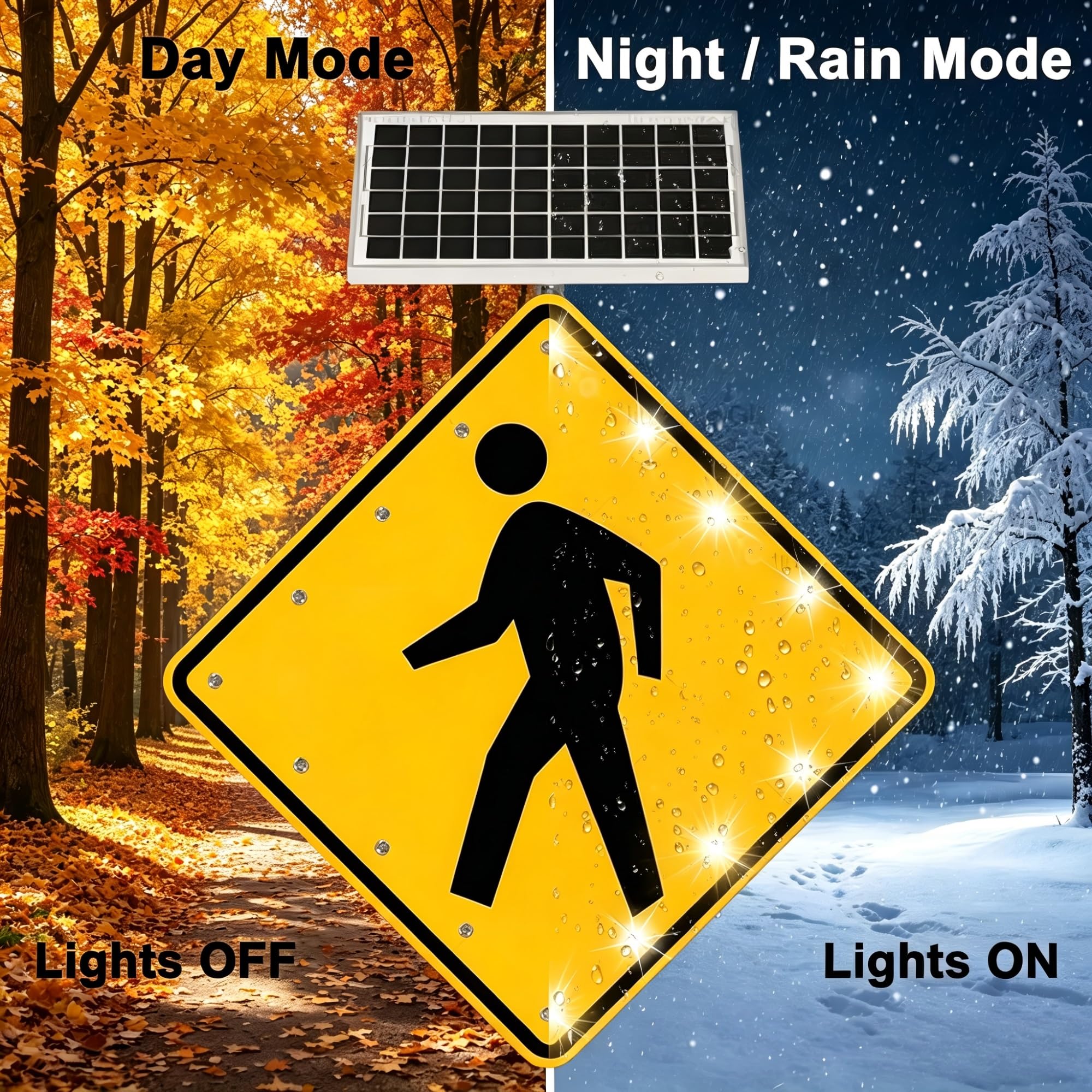 Señal de cruce de peatones LED con energía solar de 24"/30", advertencia de cruce de peatones intermitente con carcasa de aluminio resistente, IP65 a prueba de agua(24in)