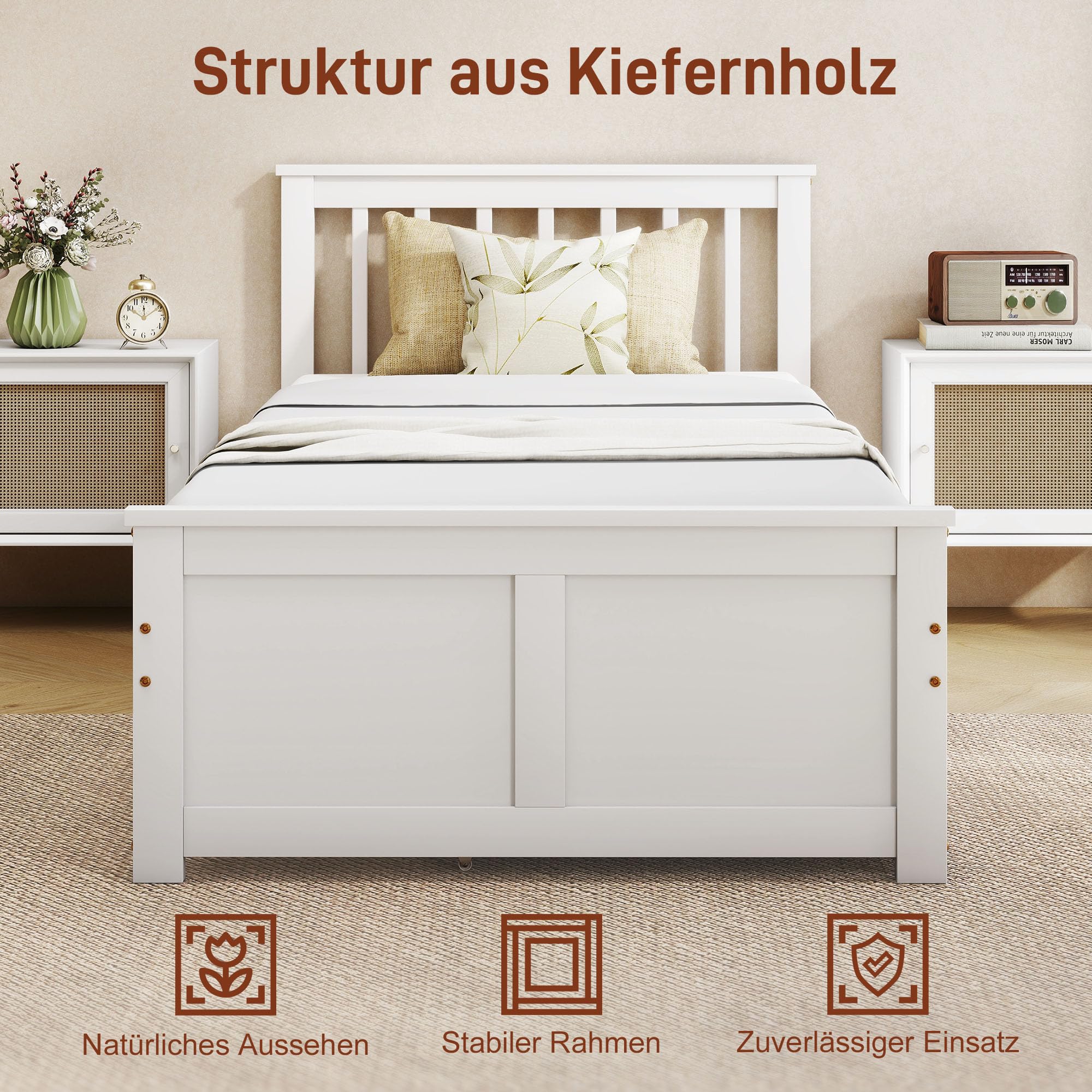 HOMCOM Bett 90 x 200 cm Bettrahmen mit Lattenrost, Schublade, Weiß