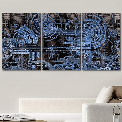 Miniatura 2 de wall26 Lienzo impreso para pared, juego de arte futurista azul de ciencia ficción y fantasía con ruedas de tren, ilustraciones de formas abstractas,