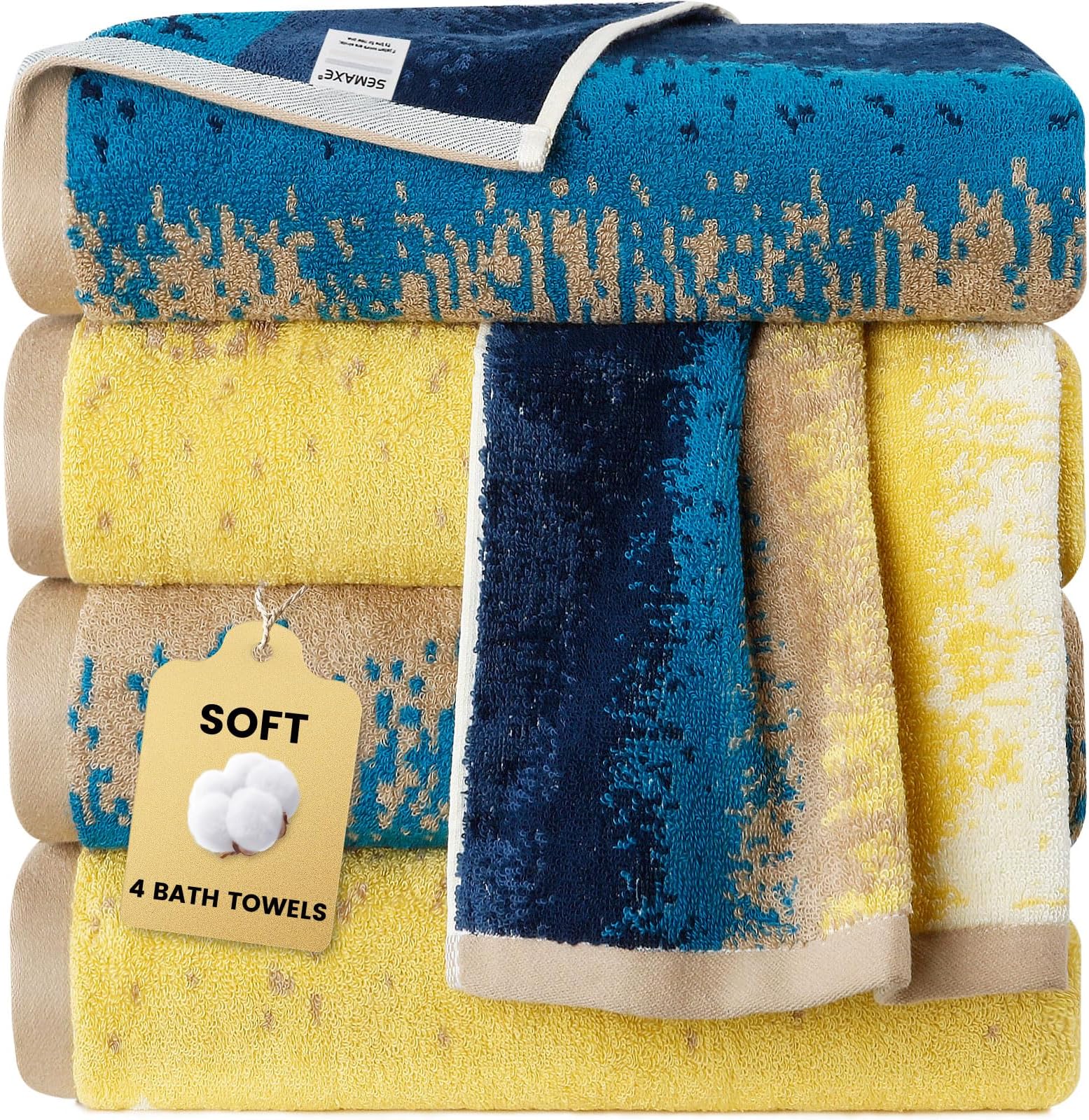 SEMAXE 4-Pack Luxury Bath Towels for Bathroom, 100% Cotton, Soft, Absorbent, and Quick-Drying, 55"x27", Colorful, Perfect for Hotels, Gyms, and Spas