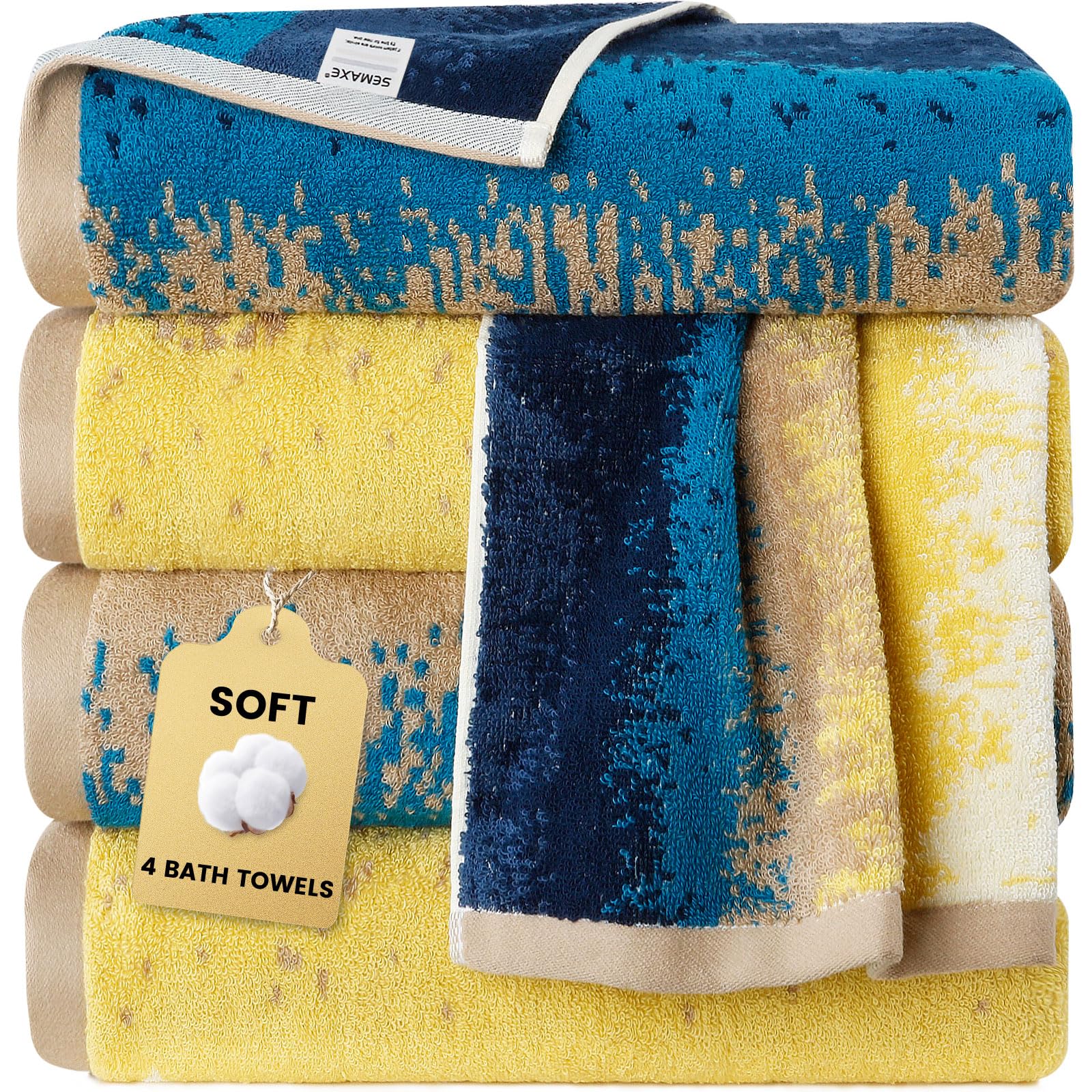 SEMAXE 4-Pack Luxury Bath Towels for Bathroom, 100% Cotton, Soft, Absorbent, and Quick-Drying, 55"x27", Colorful, Perfect for Hotels, Gyms, and Spas