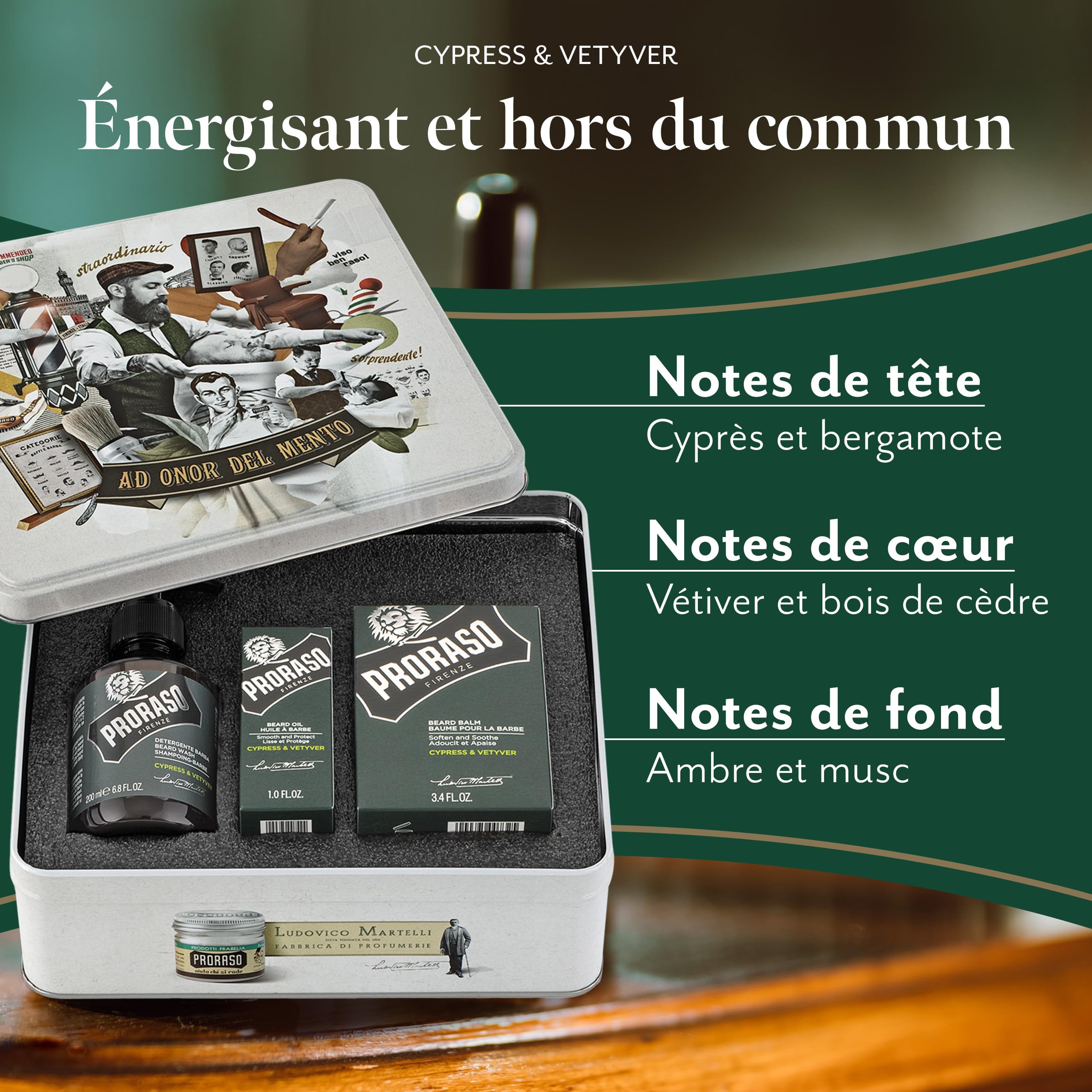 Proraso – Coffret de soin pour barbe Cypress & Vetyver – Coffret pour homme avec shampoing à barbe, huile à et baume à barbe – Fabriqué en Italie