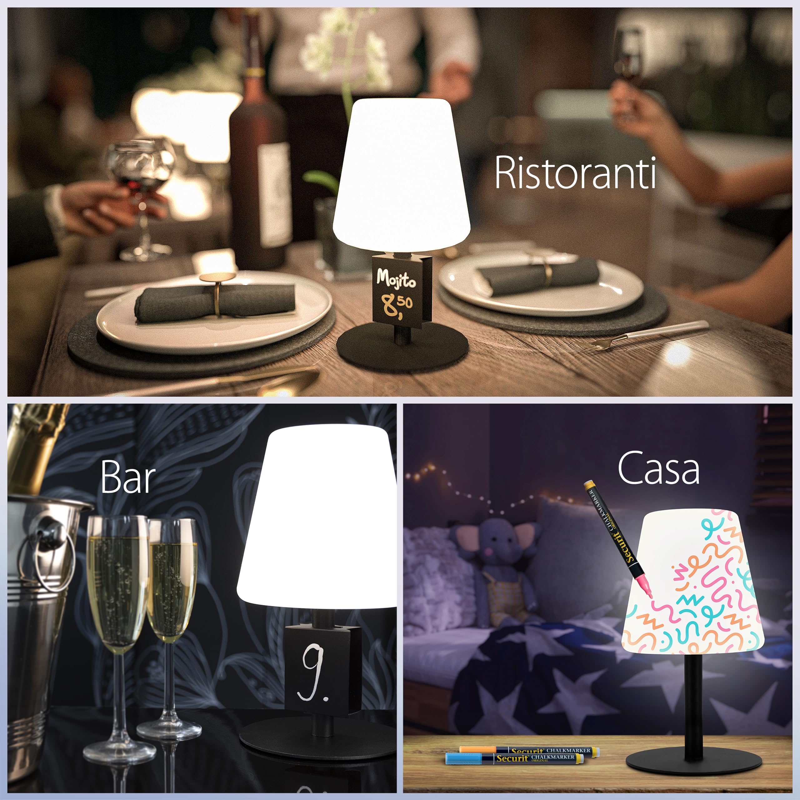 SECURIT - Lampada Da Tavolo LED Michelle - Per Caffè, Ristoranti, Bar, Hotel - Per Interni Ed Esterni - Senza Fili - Ricarica USB - Colore Bianco/Nero