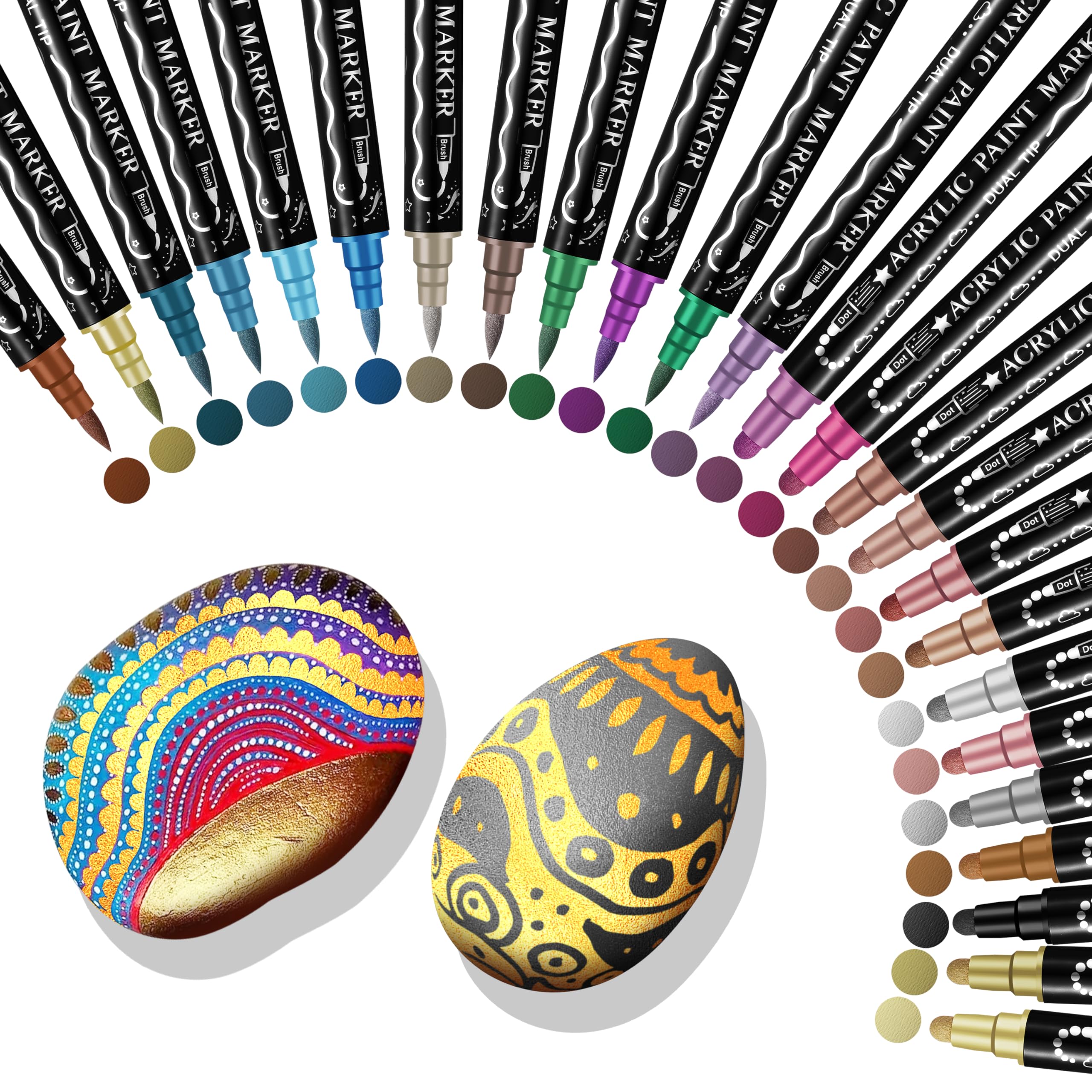 Metallic Markers Stifte, 24 Farben Acrylstifte für Steine Wasserfest, Metallic Stifte für Fotoalbum, Gästebuch Hochzeit, Scrapbook Zubehör, Schwarzes Papier,Porzellan,Glas,Leinwand,Keramik,Holz,Eier