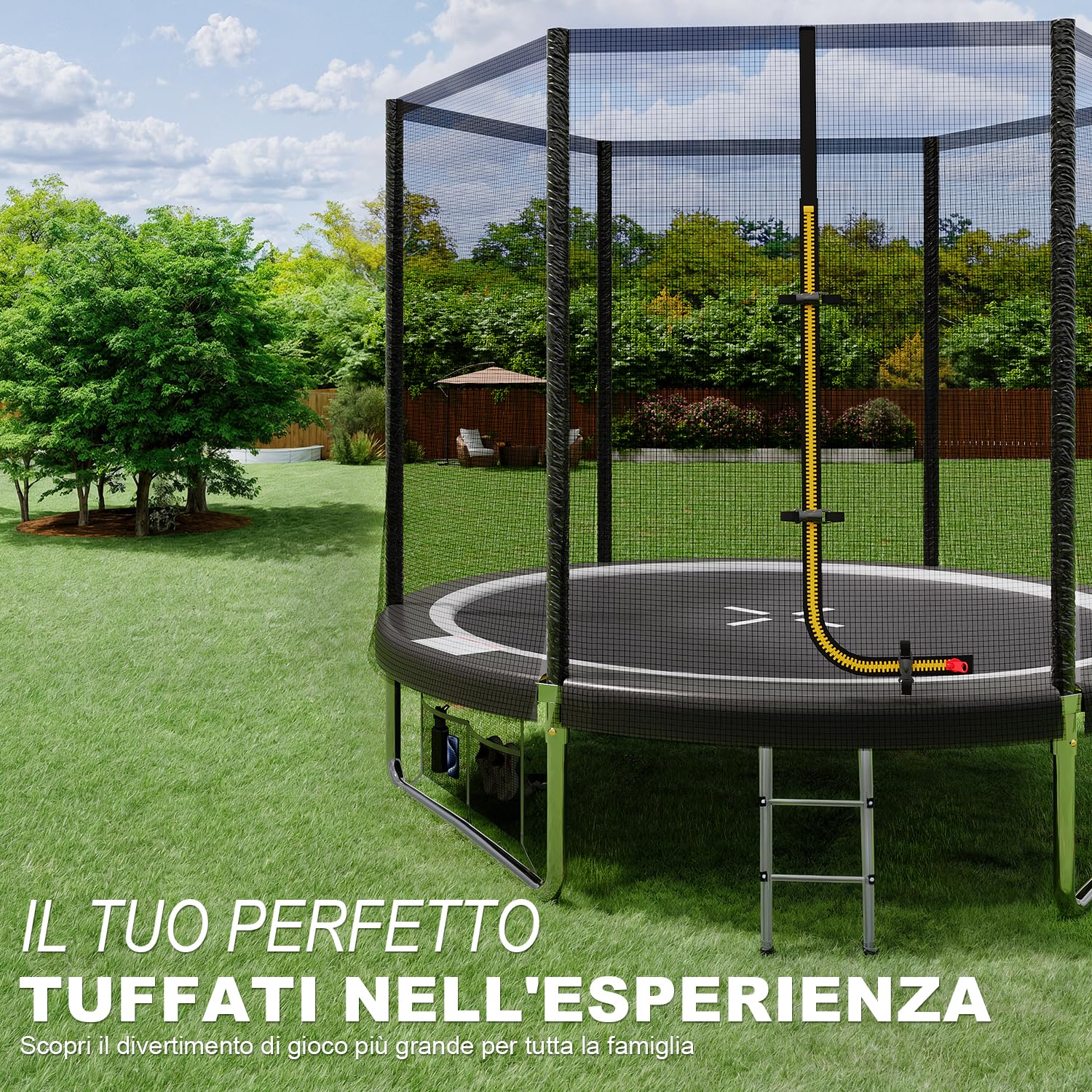 JUMMICO Trampolino esterno Ø 183/228/305/366/427 cm, trampolino da giardino per bambini con scala e tasca laterale